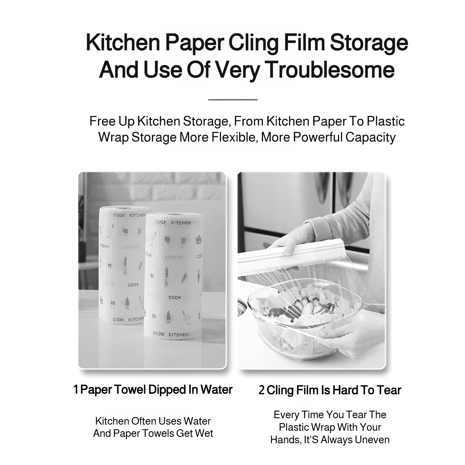 Plastic wrap storage box attached to kitchen wall