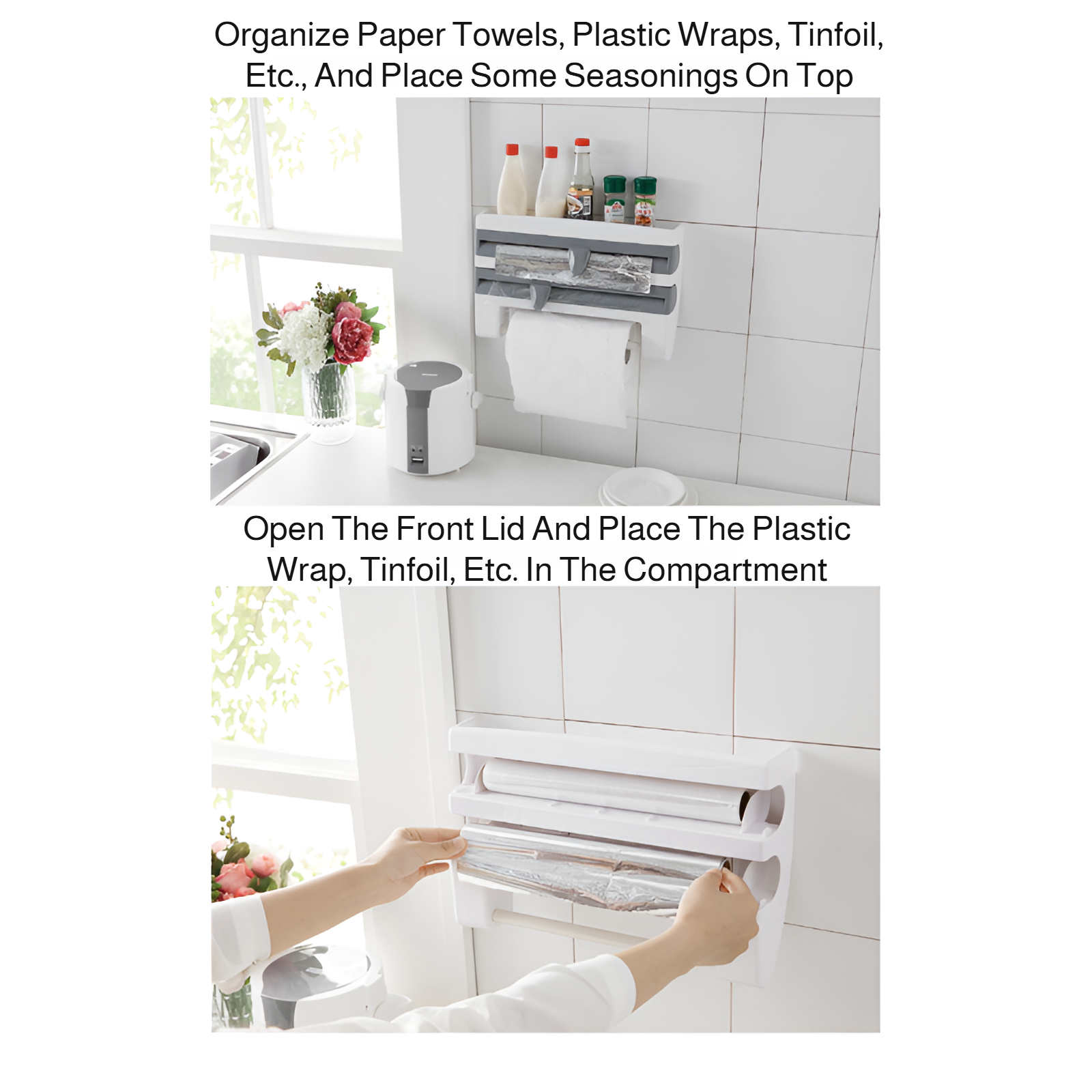 Modern kitchen storage rack for plastic wrap and tools