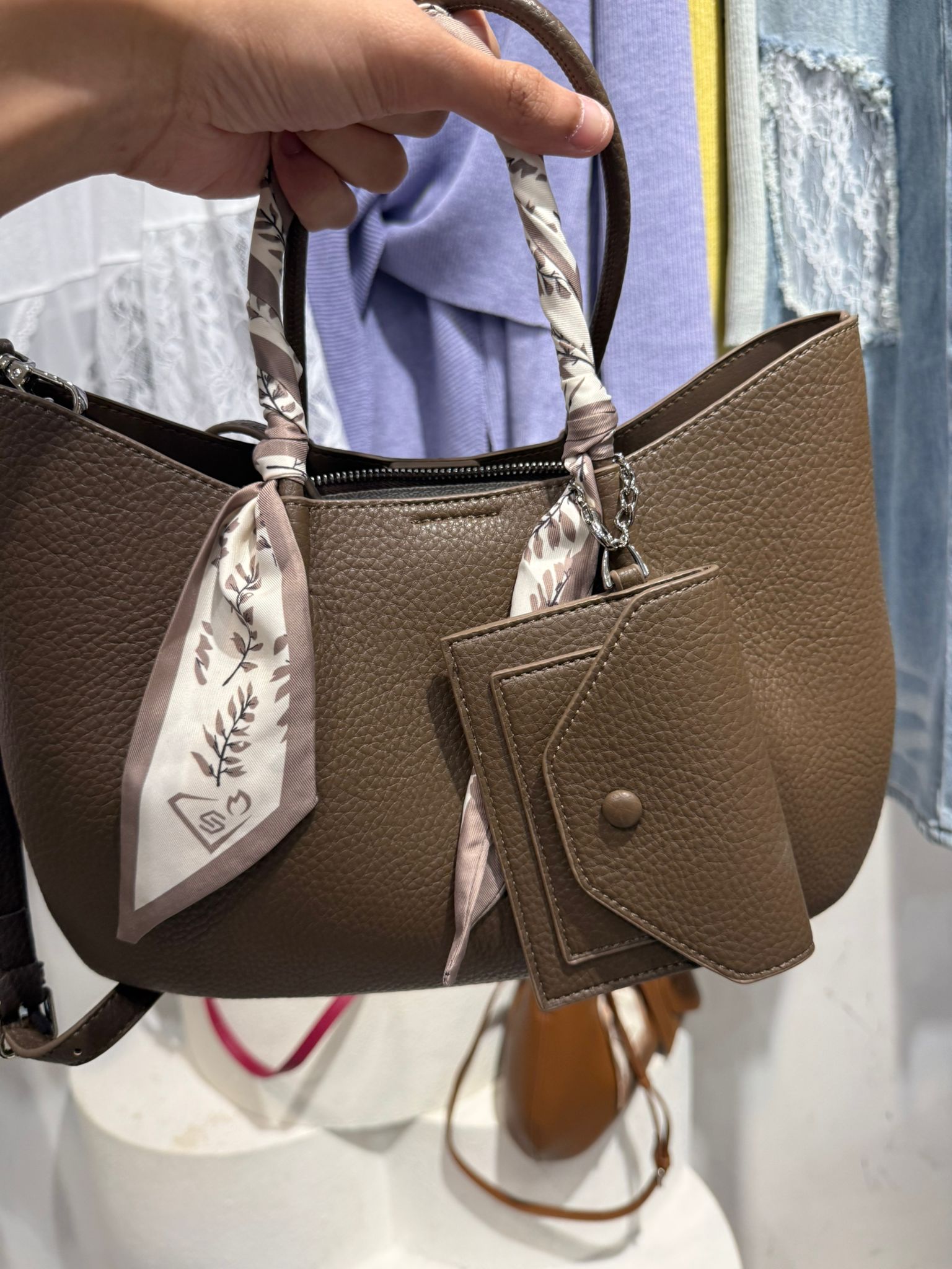 4769S GREY BROWN LUXURY TOTE BAG with TEXTURED LEATHER and SCARF HANDLES