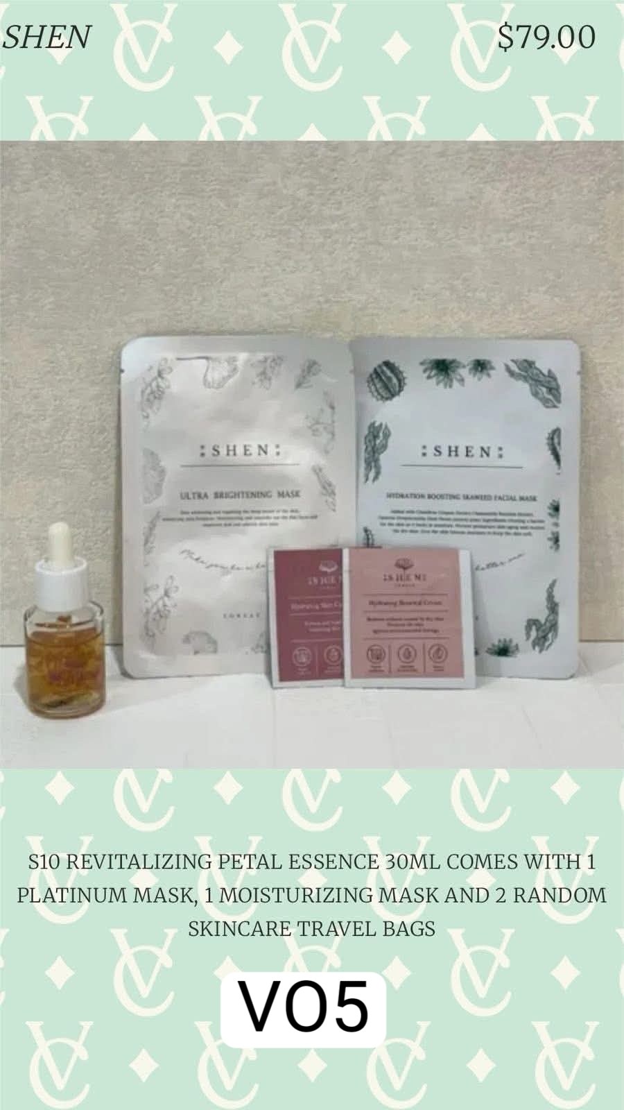 3518D REVITALIZING PETAL ESSENCE 30ML COMES WITH 1
PLATINUM MASK, 1 MOISTURIZING MASK AND 2 RANDOM
SKINCARE TRAVEL BAGS