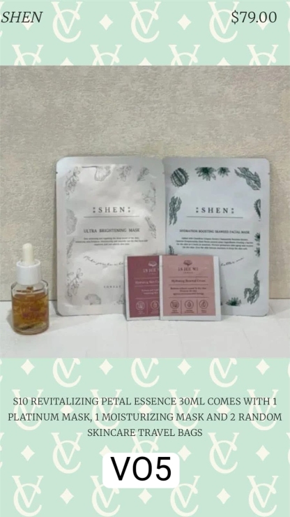 3518D REVITALIZING PETAL ESSENCE 30ML COMES WITH 1
PLATINUM MASK, 1 MOISTURIZING MASK AND 2 RANDOM
SKINCARE TRAVEL BAGS