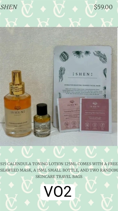 3521D CALENDULA TONING LOTION 125ML COMES WITH A FREE
SEAWEED MASK, A 15ML SMALL BottLe, ANd tWo RaNDoM
SKINCARE TRAVEL BAGS