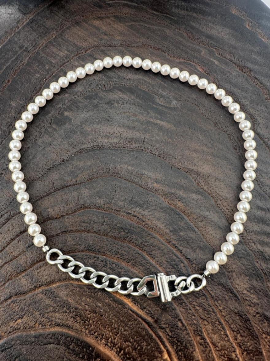 6727 PEARL AND CHAIN NECKLACE SILVER CLASP