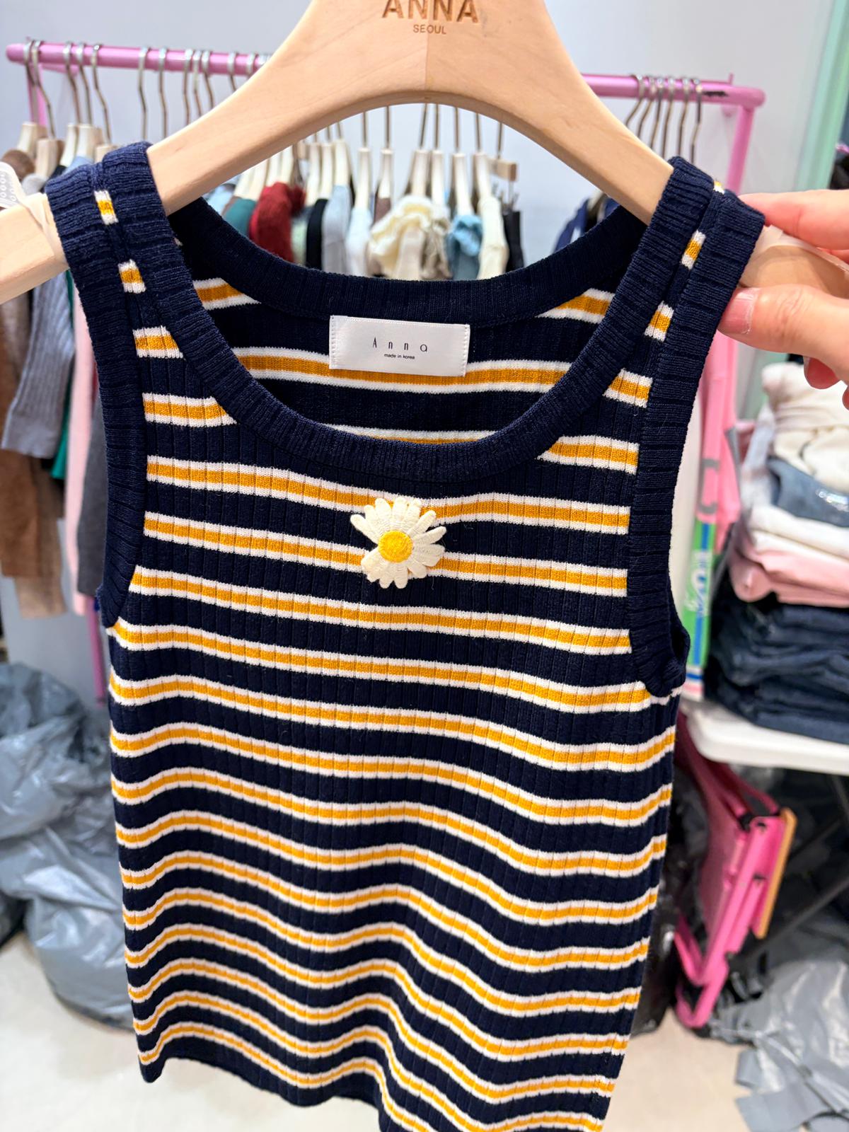 4523A NAVY YELLOW CASUAL, RIBBED, STRIPED TANK TOP, SLIM FIT, WITH DAISY APPLIQUE