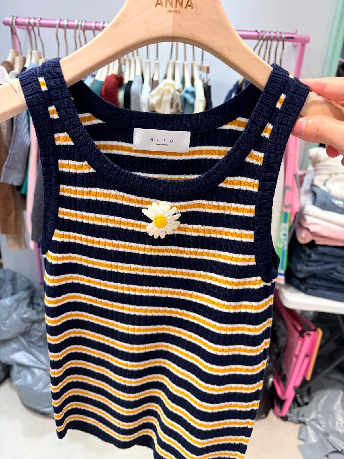 4523A NAVY YELLOW CASUAL, RIBBED, STRIPED TANK TOP, SLIM FIT, WITH DAISY APPLIQUE