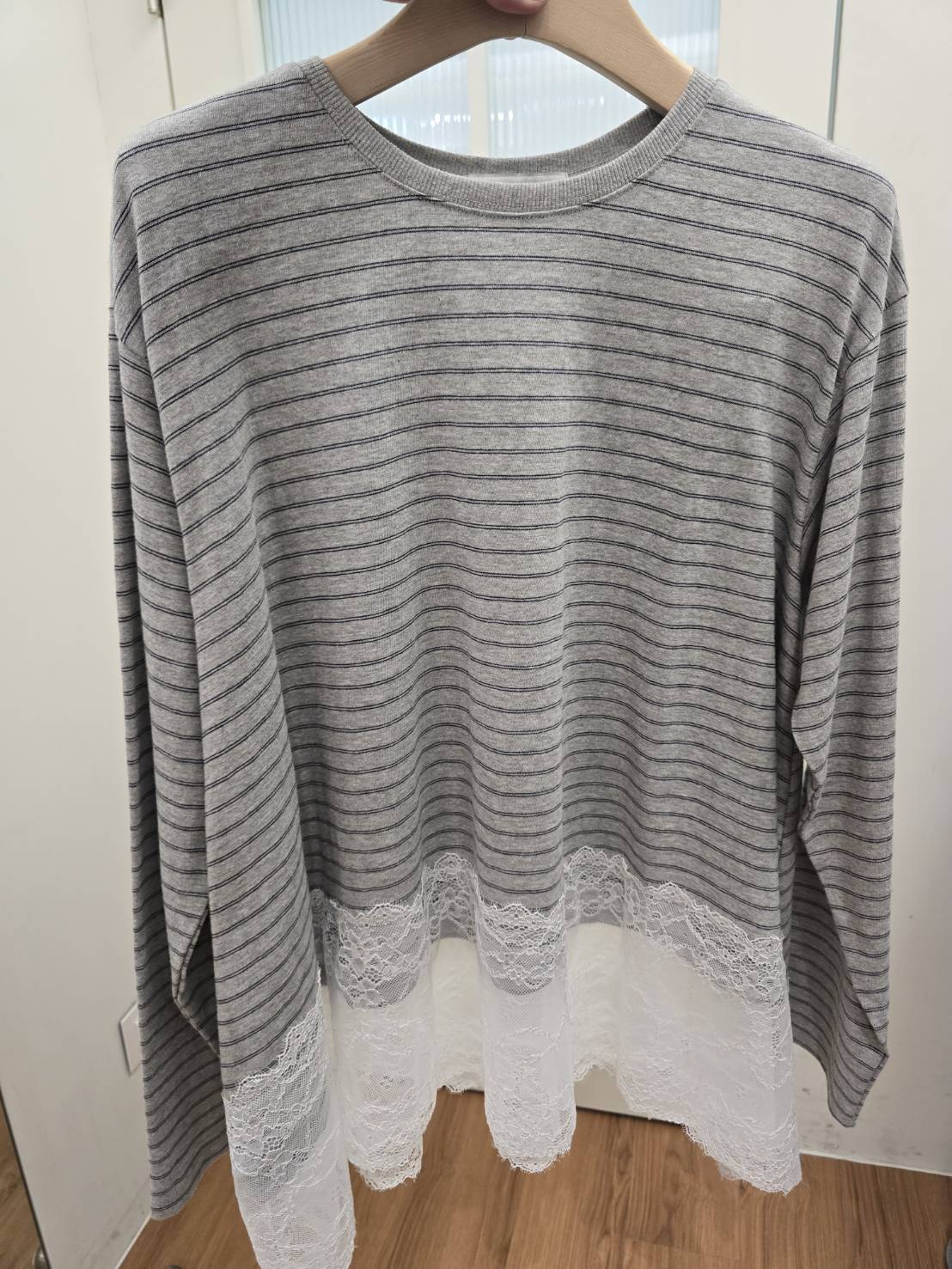 3772D GRAY STRIPES STRIPED CASUAL, LACE BLOUSE, RELAXED FIT, WITH LACE HEM