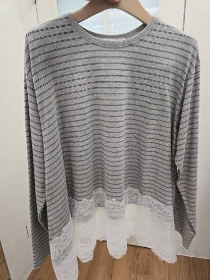 3772D GRAY STRIPES STRIPED CASUAL, LACE BLOUSE, RELAXED FIT, WITH LACE HEM