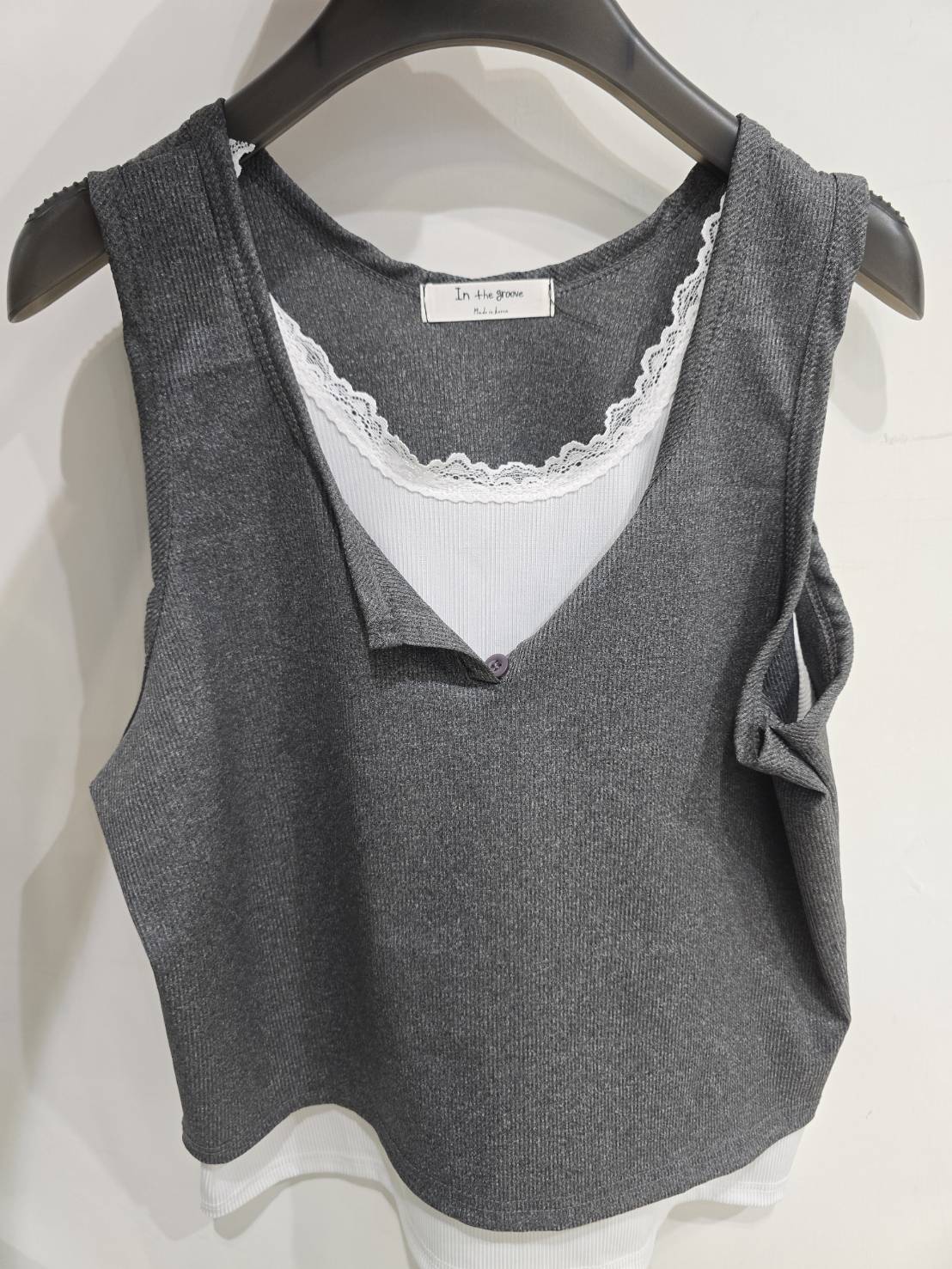 5645D GRAY CASUAL, RIBBED TANK TOP, RELAXED FIT, WITH LACE TRIM