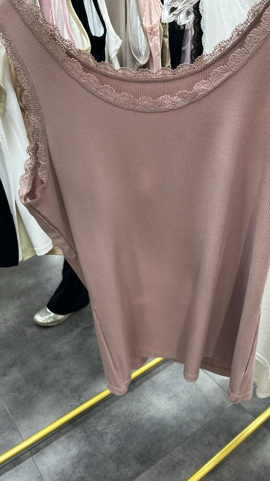 4120S DUSTY PINK CASUAL, RIBBED, LACE TANK TOP, SLIM FIT, with LACE TRIM