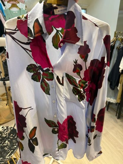 4757S LIGHT BLUE ELEGANT, FLORAL BLOUSE, RELAXED FIT, with LARGE FLORAL PRINT