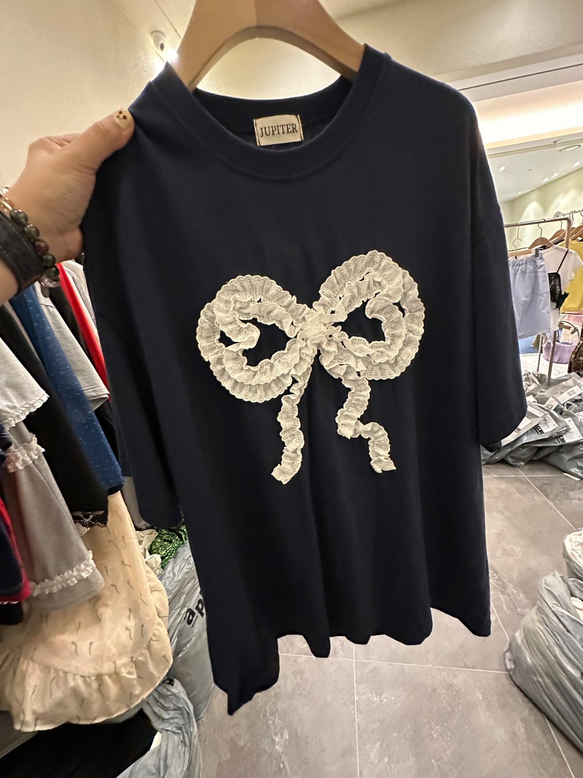 6916S NAVY CASUAL, LACE TEE, RELAXED FIT, with LACE BOW DETAIL