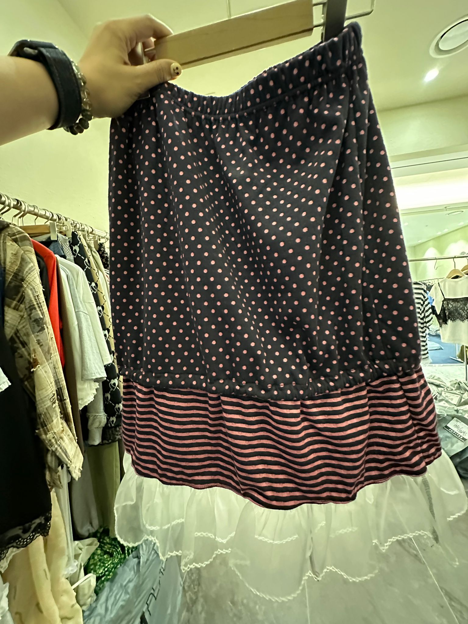 6932S PURPLE VINTAGE, STRIPED, LACE SKIRT, A-LINE fit, with POLKA DOTS AND LACE HEM