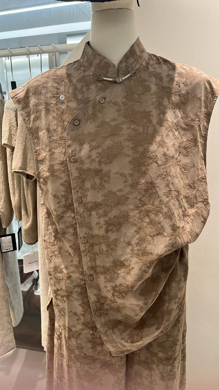 4353S BEIGE ELEGANT, FLORAL BLOUSE, RELAXED FIT, with ASYMMETRIC BUTTONS