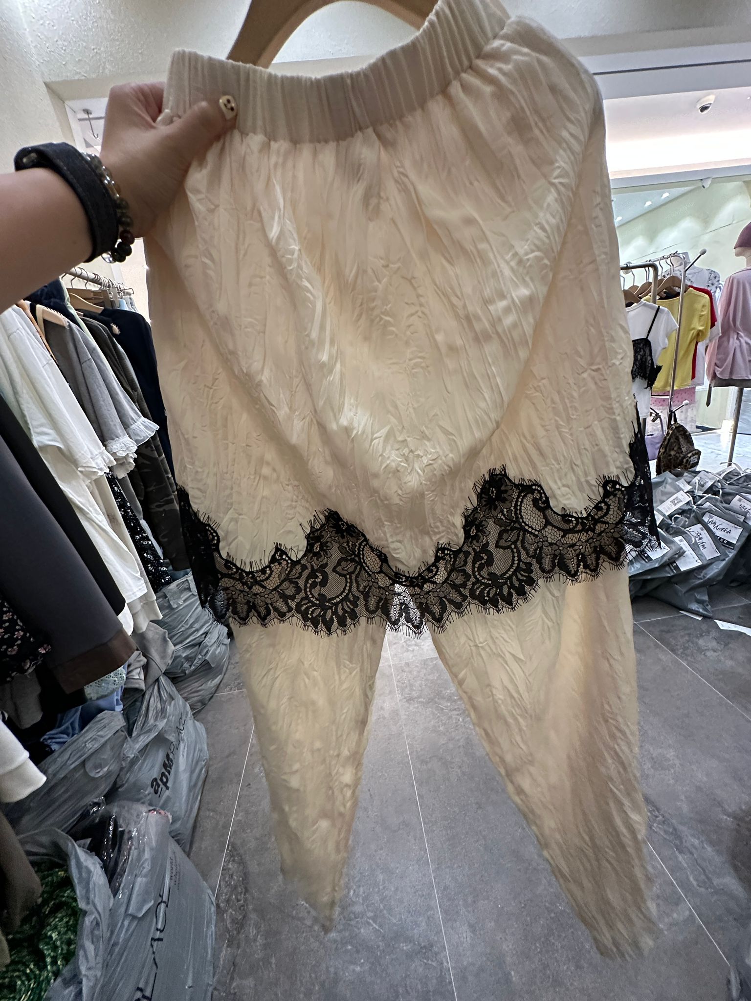 6942S IVORY BOHO, LACE TROUSERS, RELAXED FIT, with LACE TRIM DETAIL