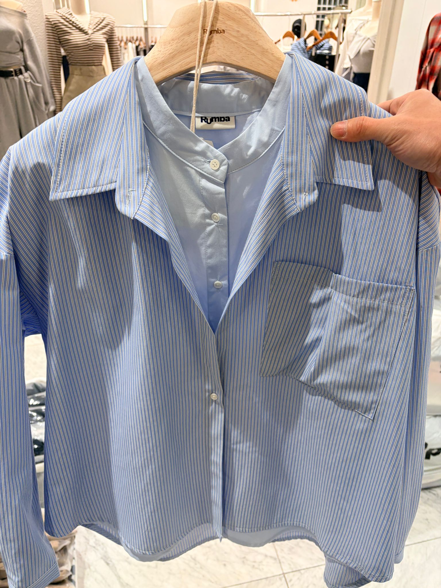 4651J BLUE PINSTRIPE SHIRT WITH MIXED MANDARIN FAUX INNER PIECE