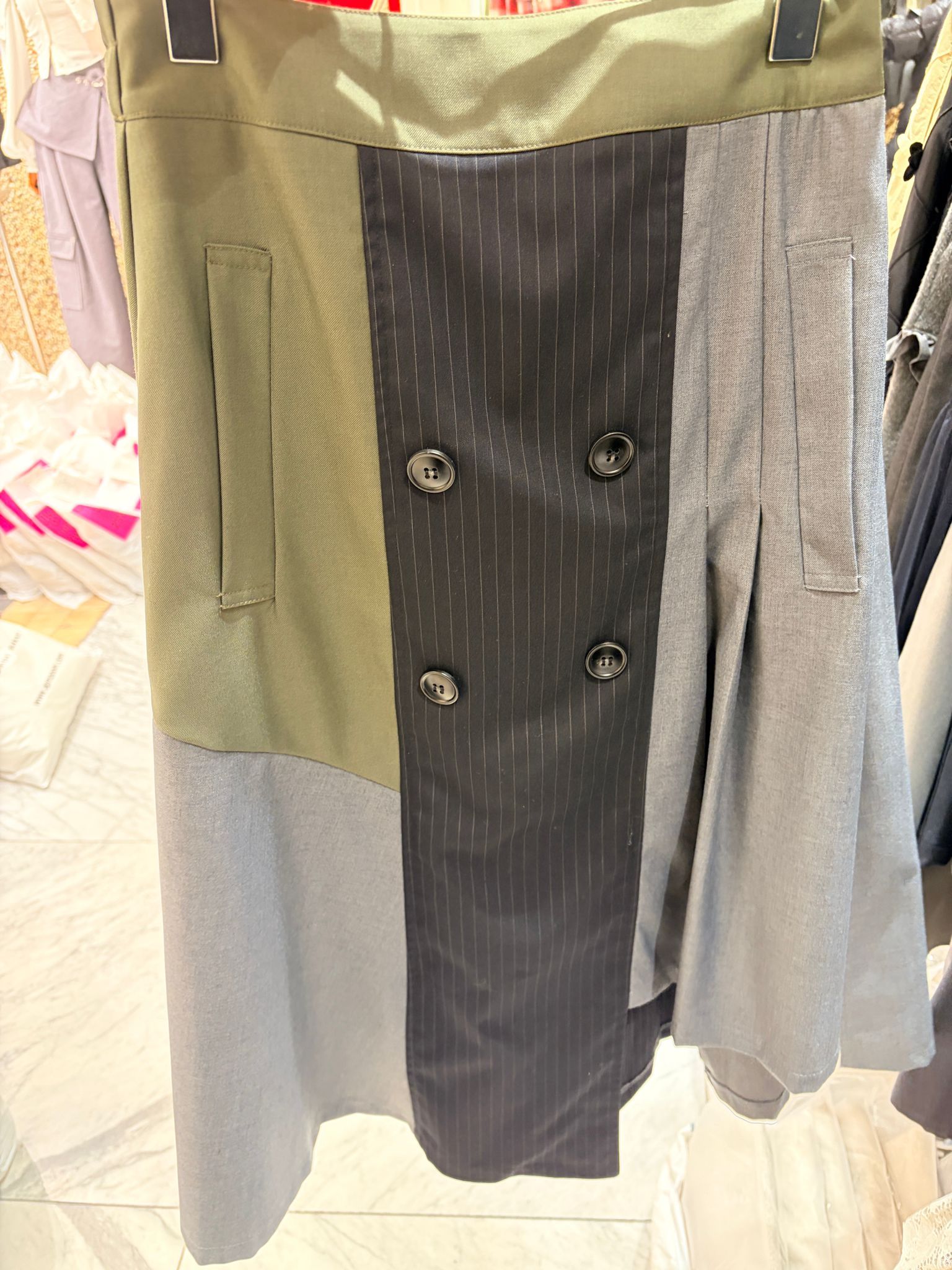 4690J OLIVE VINTAGE, STRIPED SKIRT, A-LINE FIT, WITH DOUBLE-BREASTED BUTTONS