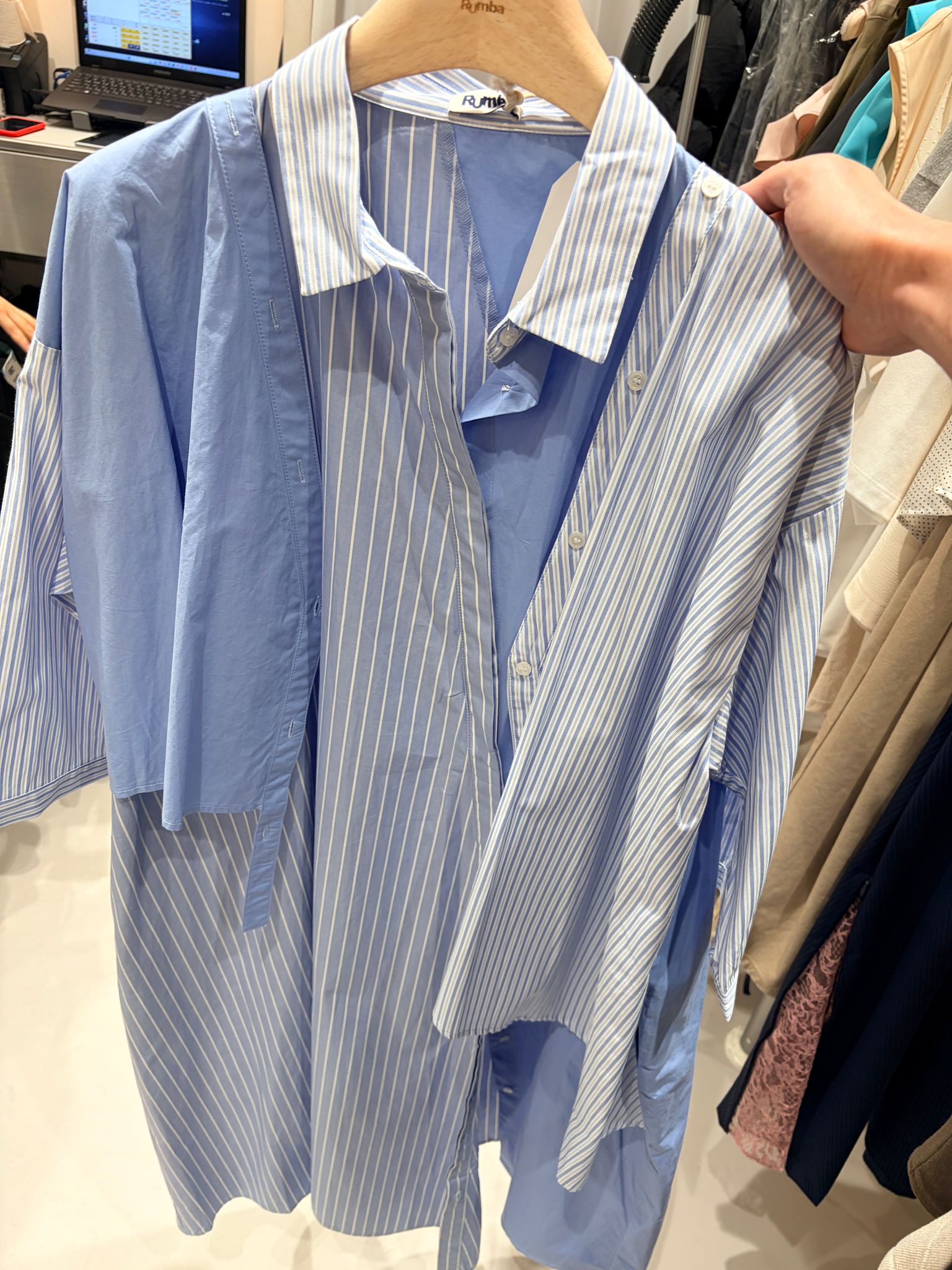 4727J BLUE CASUAL, STRIPED SHIRT DRESS, RELAXED FIT, WITH ASYMMETRIC HEM