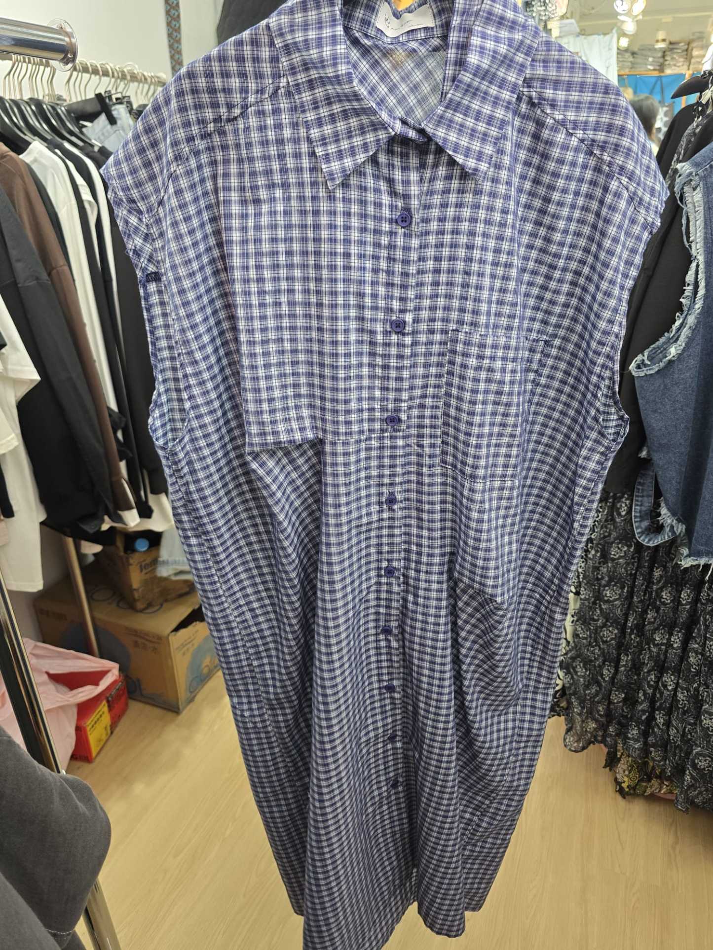 6019J PURPLE VINTAGE, PLAID DRESS, RELAXED FIT, WITH BUTTON-UP FRONT