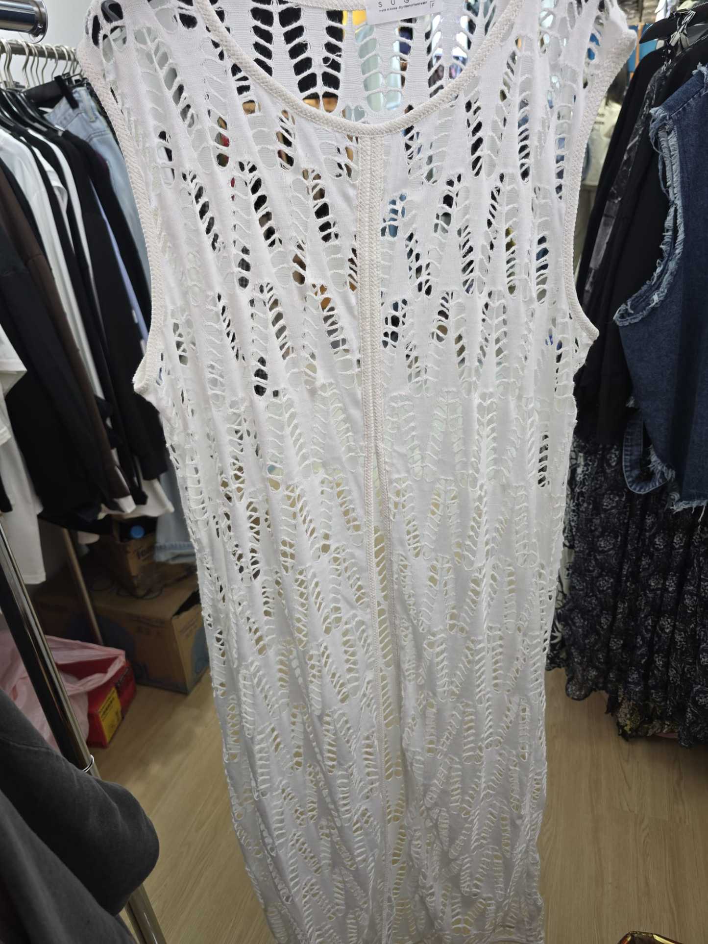 6026J WHITE BOHO, CROCHET DRESS, LOOSE FIT, WITH OPEN KNIT PATTERN