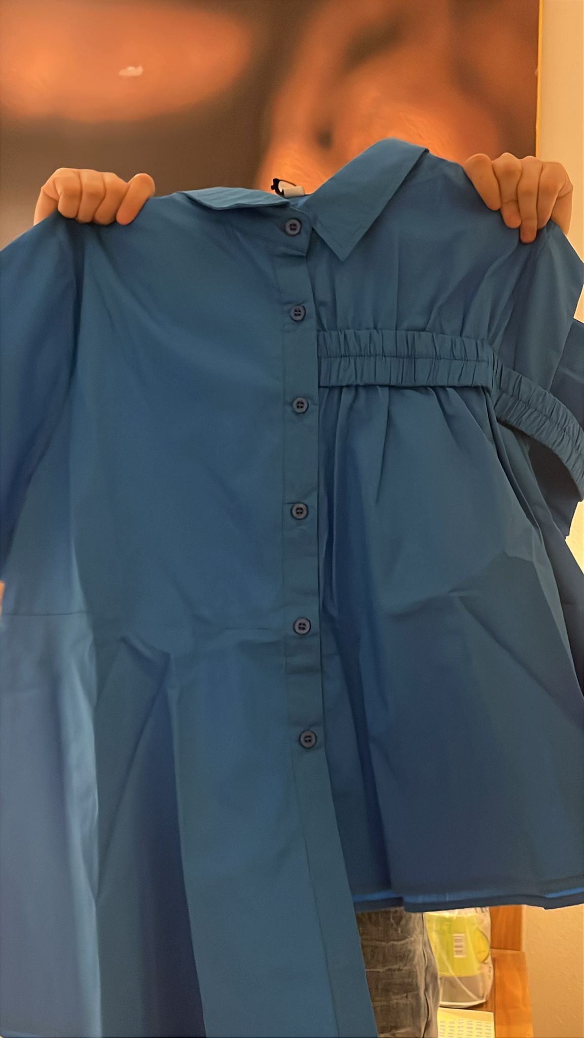 3750S BLUE MINIMALIST BLOUSE, RELAXED FIT, with ASYMMETRICAL BUTTONS