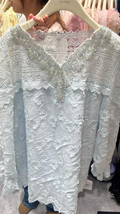 3854S BLUE ELEGANT, LACE, FLORAL BLOUSE, LOOSE FIT, with BEADED NECKLINE