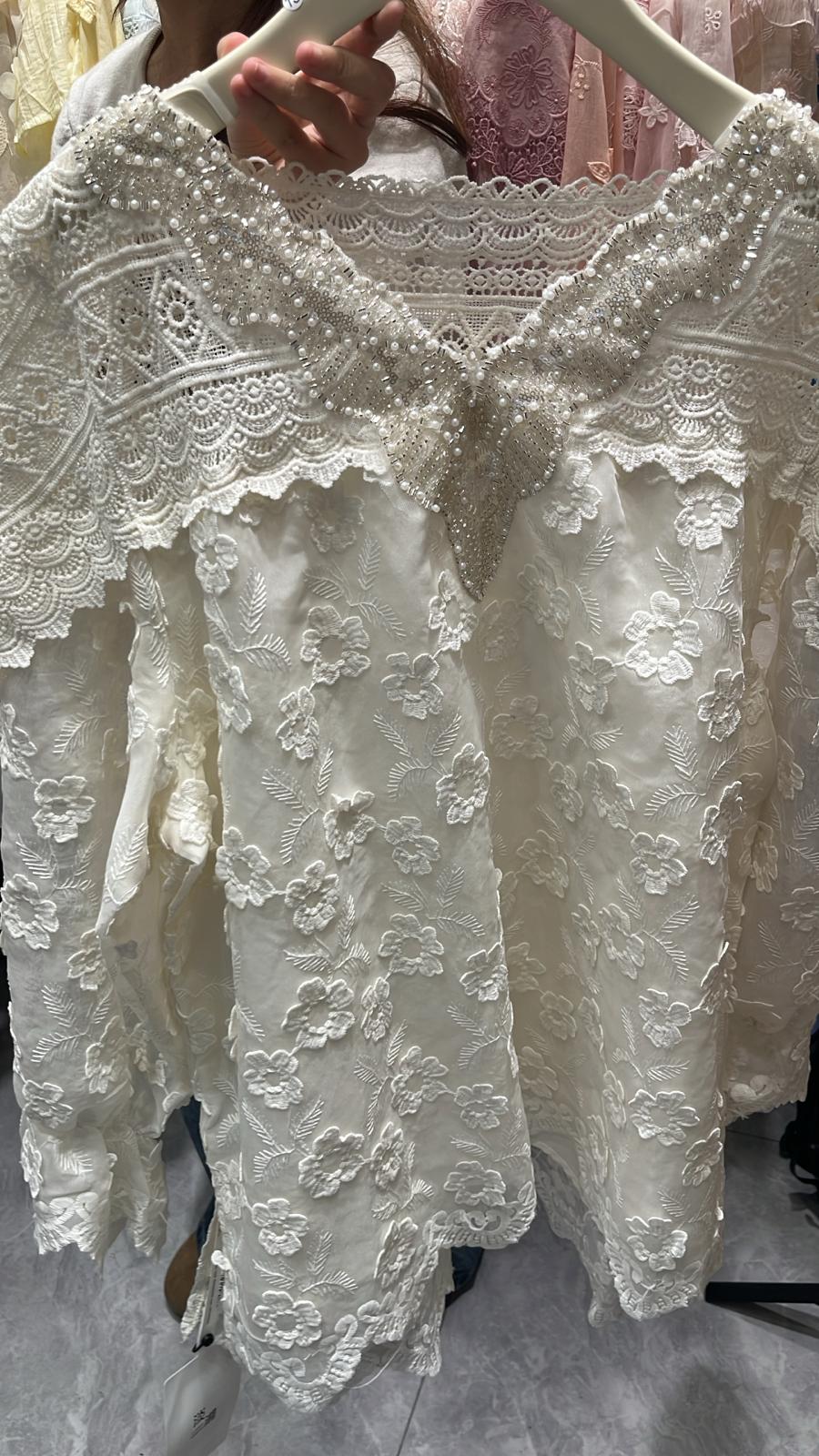 3856S IVORY ELEGANT, LACE, FLORAL BLOUSE, LOOSE FIT, with PEARL EMBELLISHMENTS