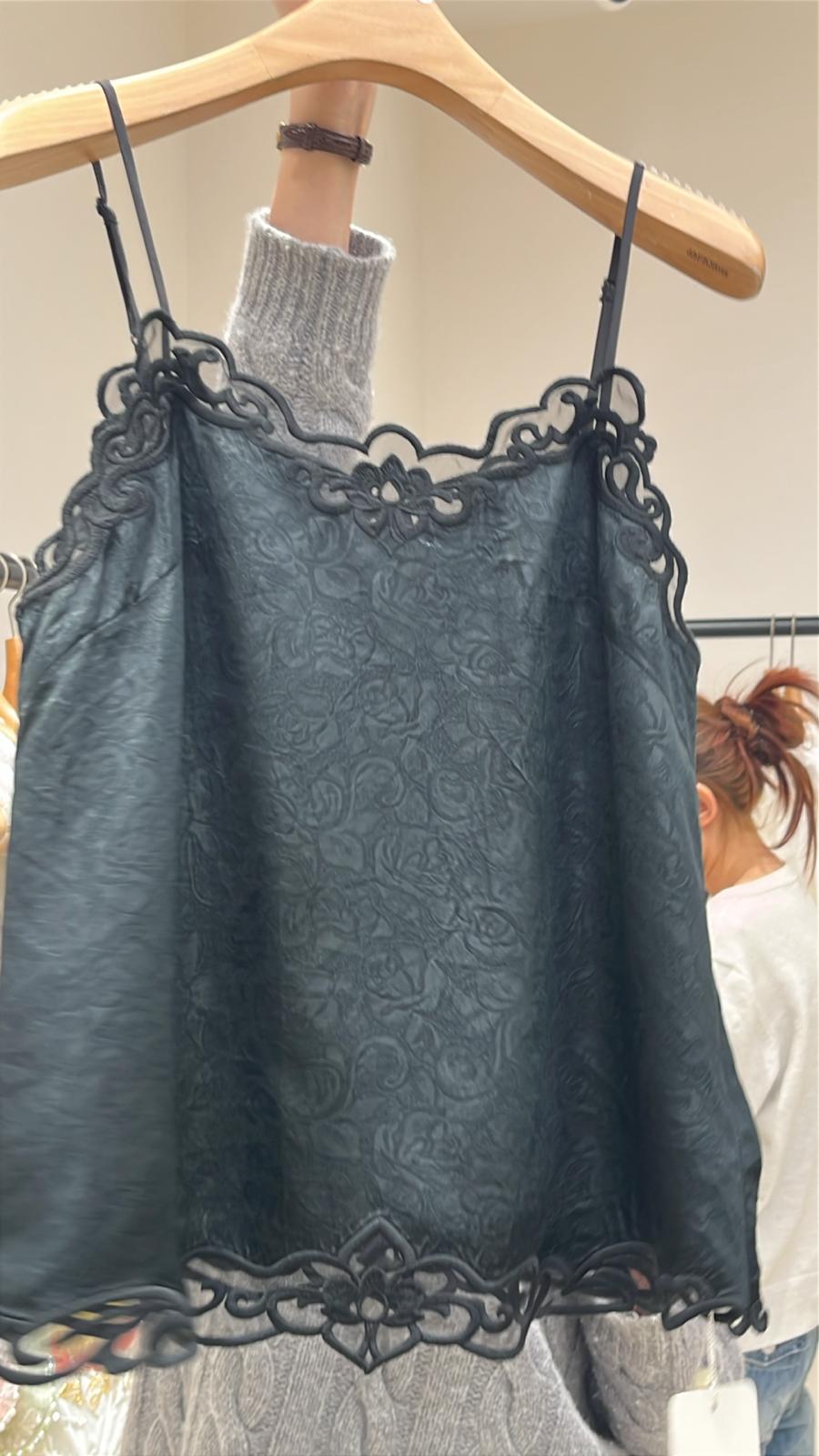 3965S BLACK CAMISOLE TOP WITH SHEER EMBROIDERY