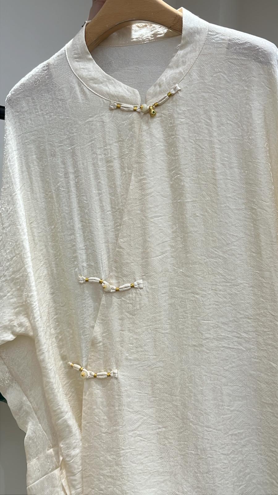 3974S IVORY ELEGANT, TEXTURED BLOUSE, RELAXED FIT, with ORNATE BUTTONS