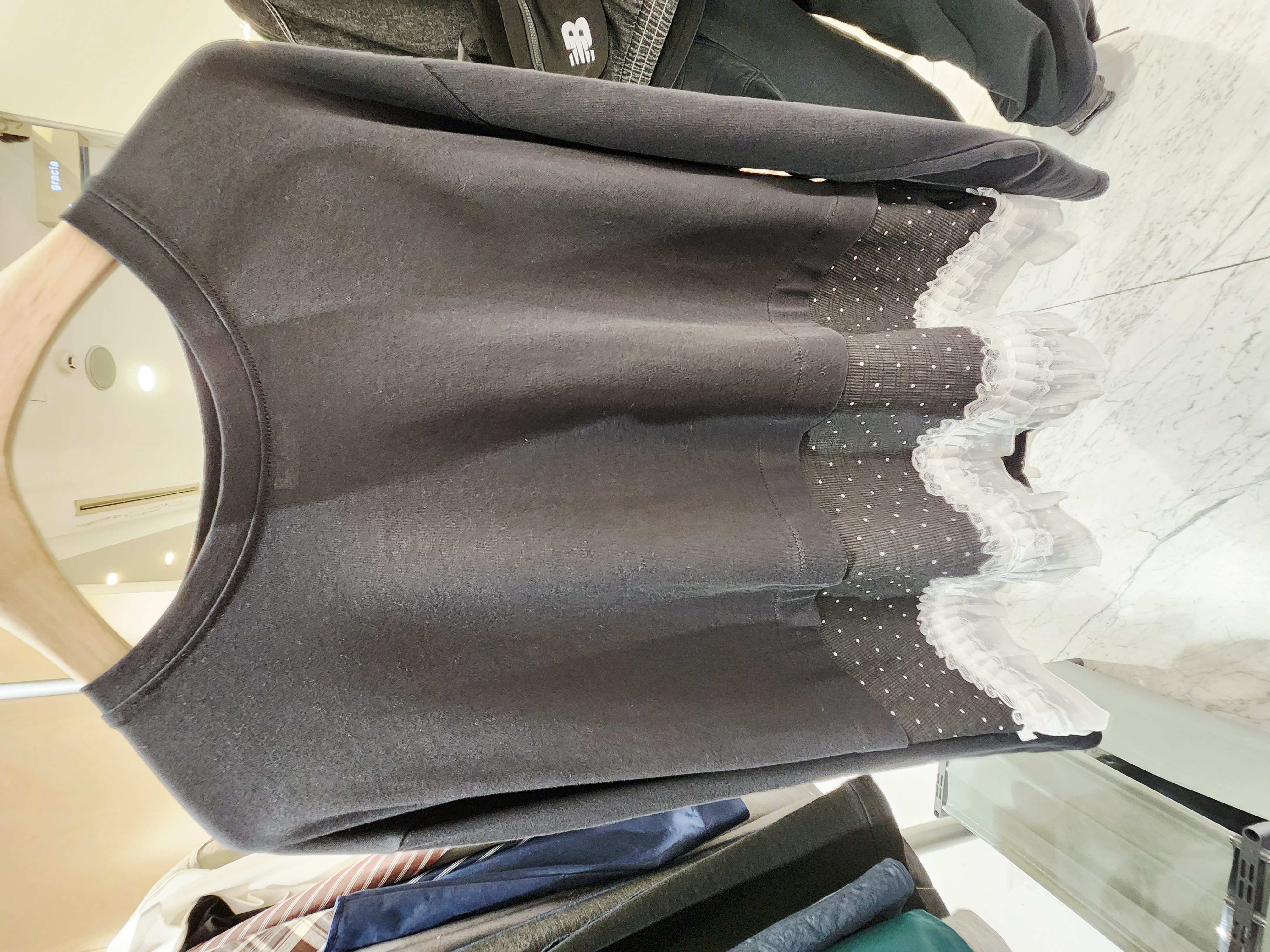 0971T BLACK LS TOP WITH POLKA-DOT RUFFLE LACE HEM
