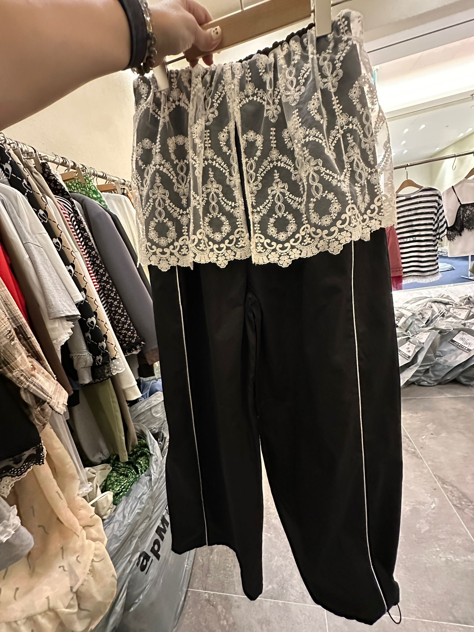6927S NAVY ELEGANT, LACE TROUSERS, RELAXED FIT, with LACE DETAILING