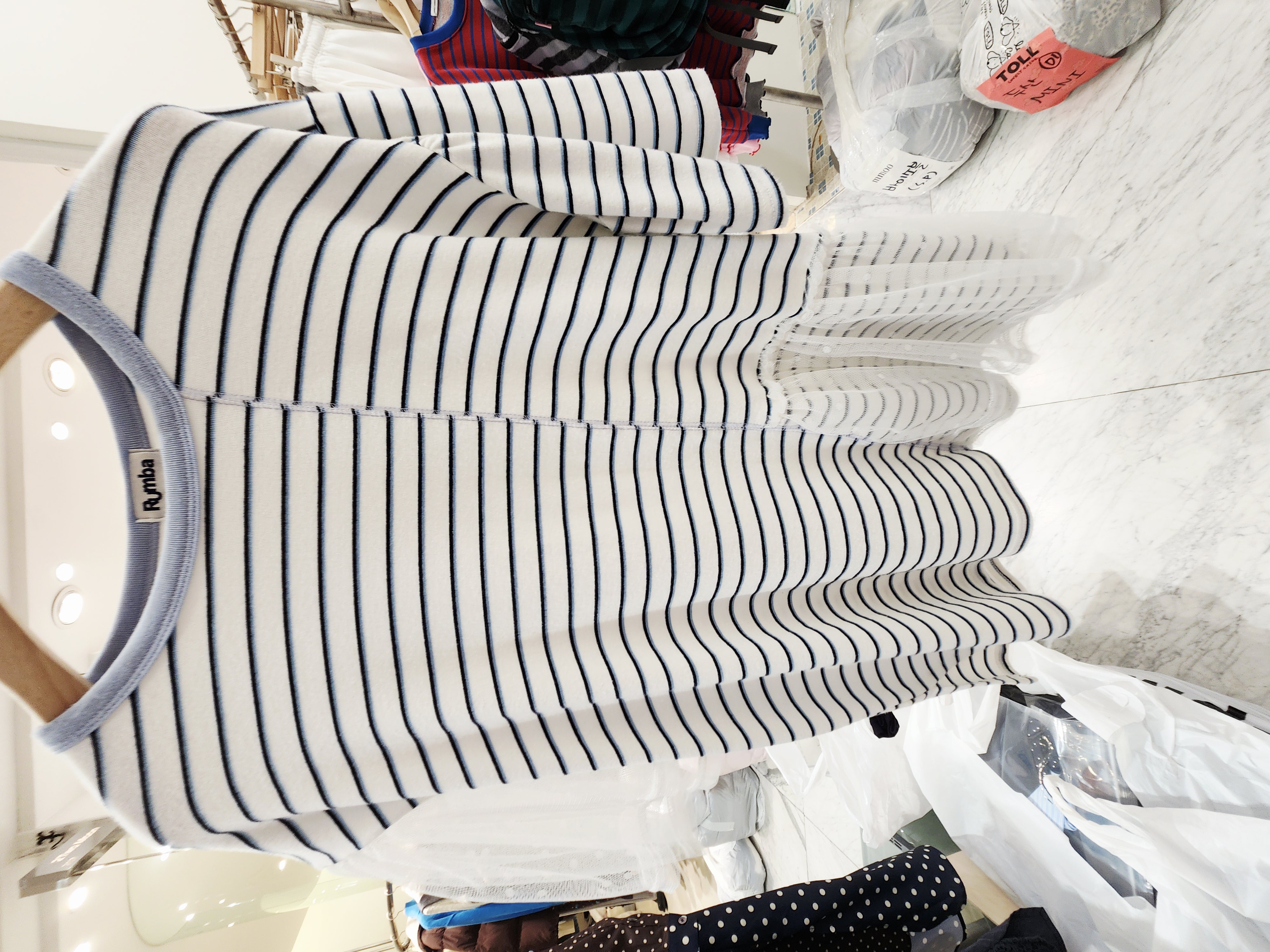 1013T WHITE STRIPED BLOUSE WITH CREW NECK MESH HEM