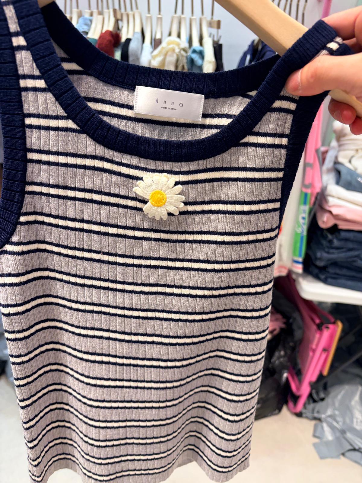 4524A NAVY GRAY CASUAL, RIBBED, STRIPED TANK TOP, SLIM FIT, WITH DAISY EMBROIDERY