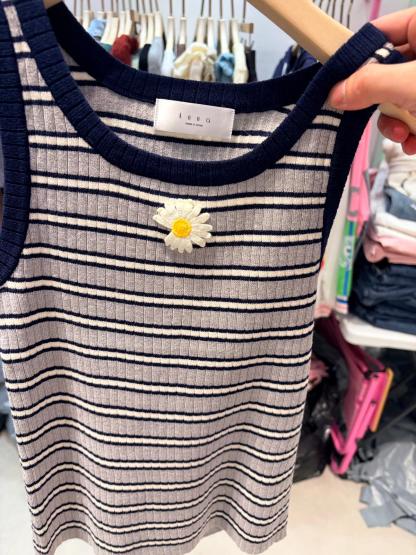 4524A NAVY GRAY CASUAL, RIBBED, STRIPED TANK TOP, SLIM FIT, WITH DAISY EMBROIDERY
