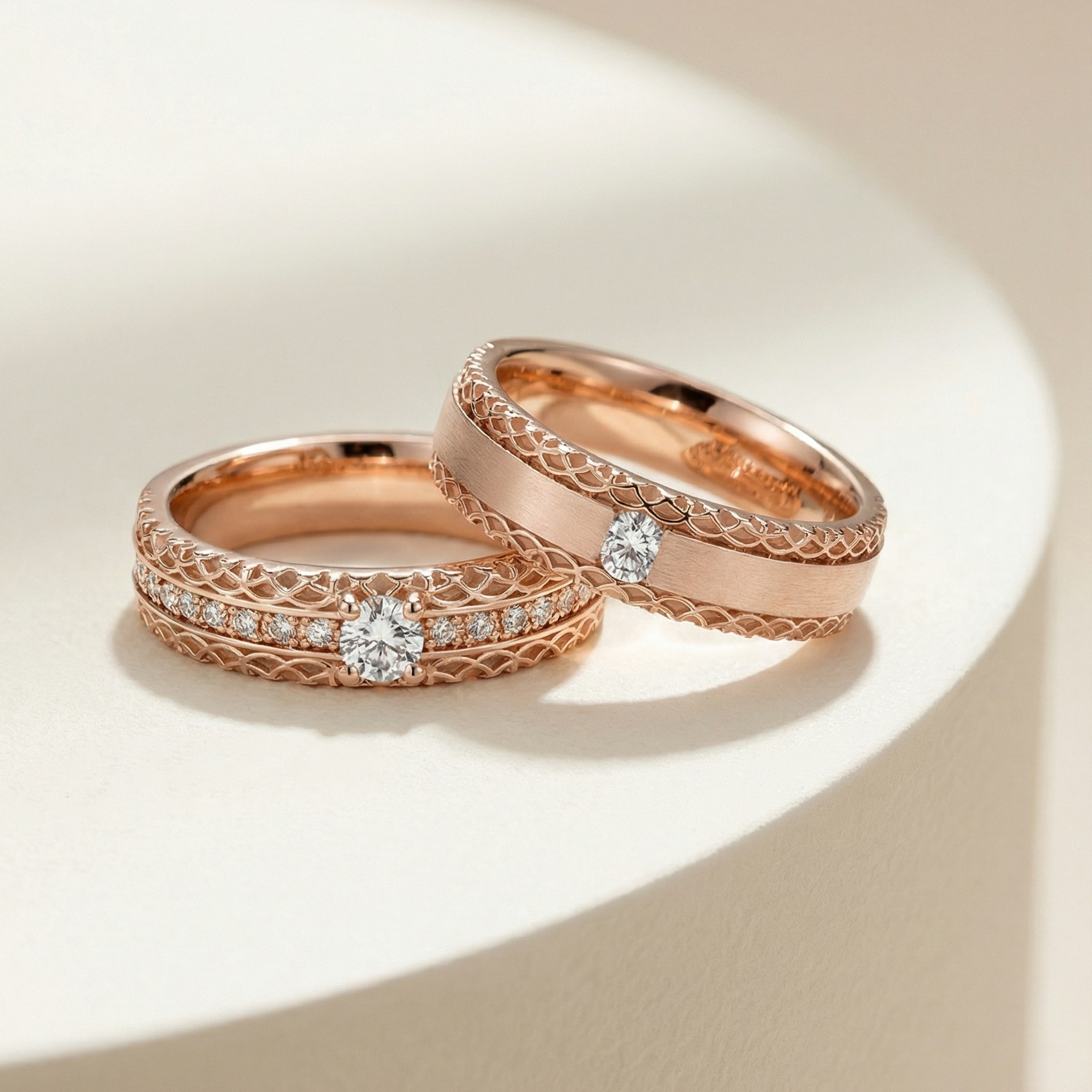 一對玫瑰金色青瓦主題天然鑽石結婚對戒交錯擺放。近拍清晰展現出精緻的立體屋瓦雕花邊緣。設計靈感來自傳統東方建築的青瓦，象徵穩固與庇護，完美結合古典美學與現代鑲嵌工藝。