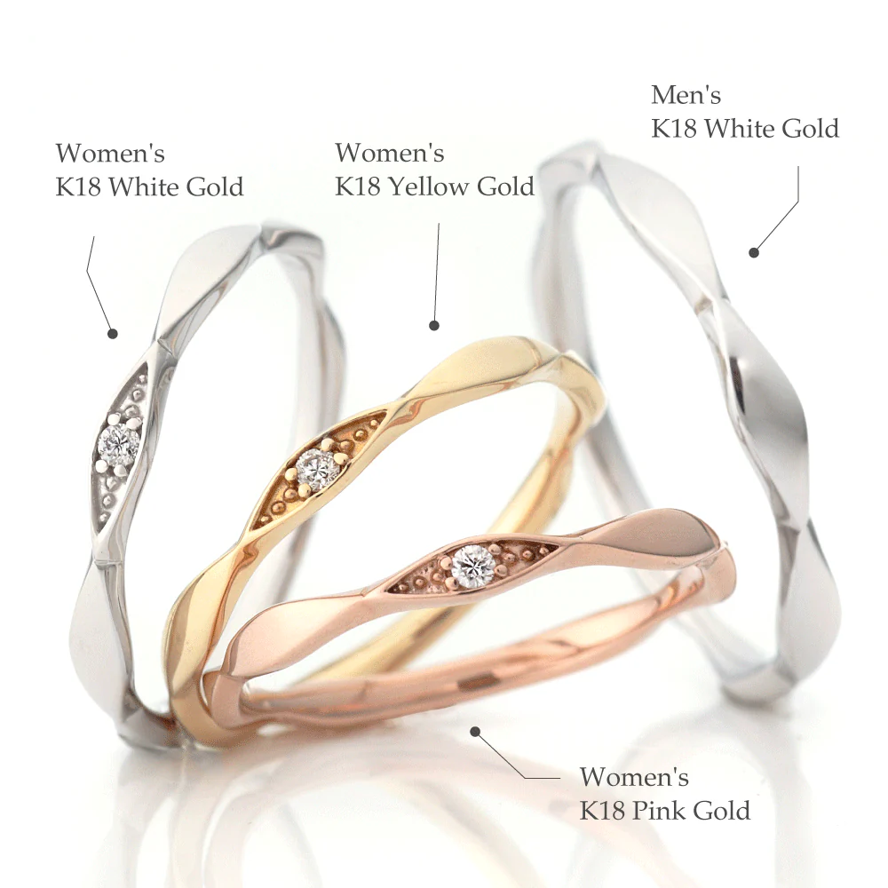 Ankhore Felice 戒指材質選項細節，包含 K18 White Gold, Yellow Gold, Pink Gold 顏色對比)