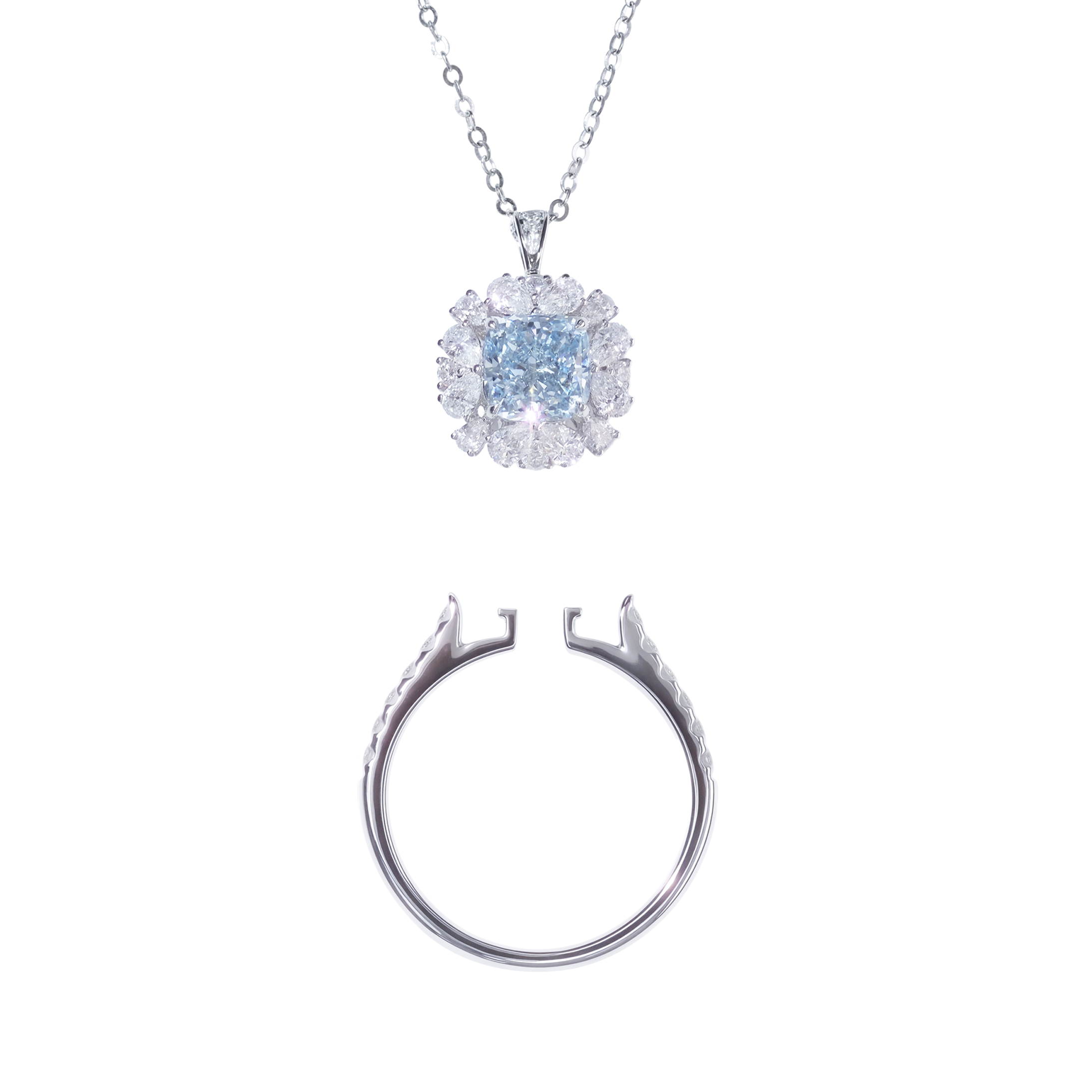 1.15ct VS1 枕形培育藍鑽18K白金戒指吊墜兩戴款 (附證書)