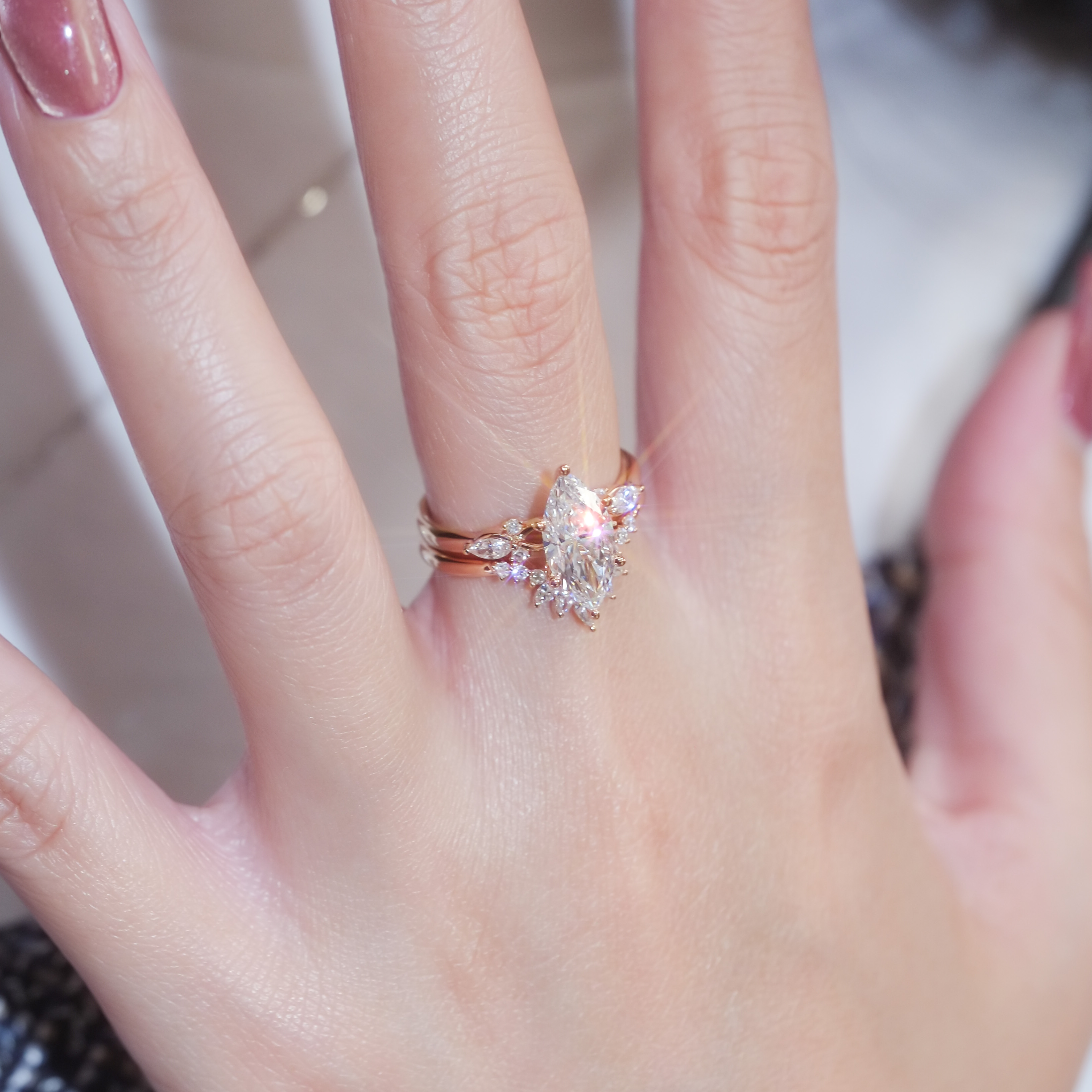 2.01ct D VVS2 馬眼形培育鑽石18K玫瑰金 套戒 (附證書)