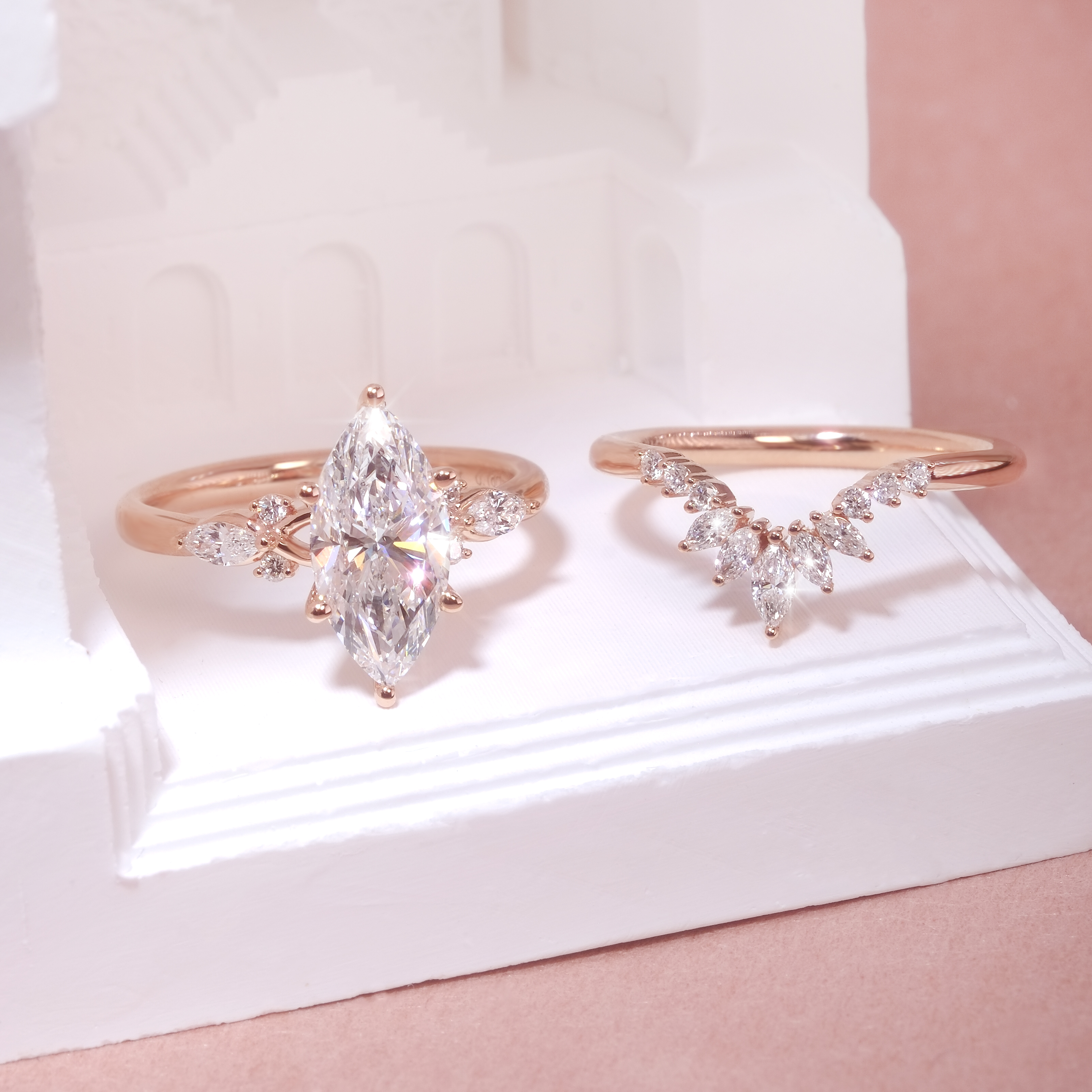 2.01ct D VVS2 馬眼形培育鑽石18K玫瑰金 套戒 (附證書)