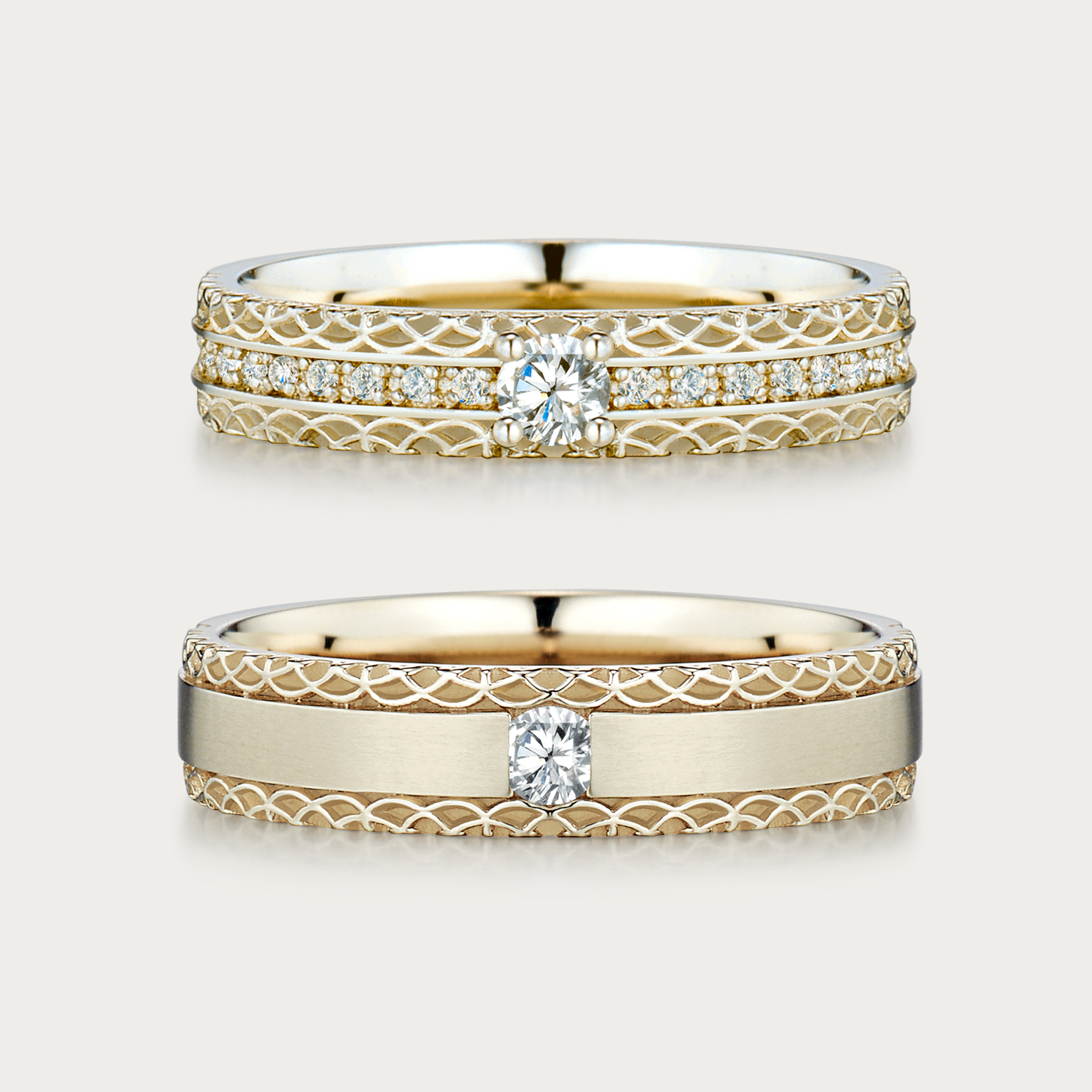 青瓦古典天然鑽石結婚對戒平放展示，採用天然白金色設計。戒指上下邊緣雕刻著猶如韓屋屋瓦般細膩層疊的波浪紋理 (Scallop Pattern)。上方女戒配以 0.2ct 主鑽與閃爍排鑽；下方男戒中央鑲嵌 0.1ct 鑽石並搭配平滑的拉絲霧面。