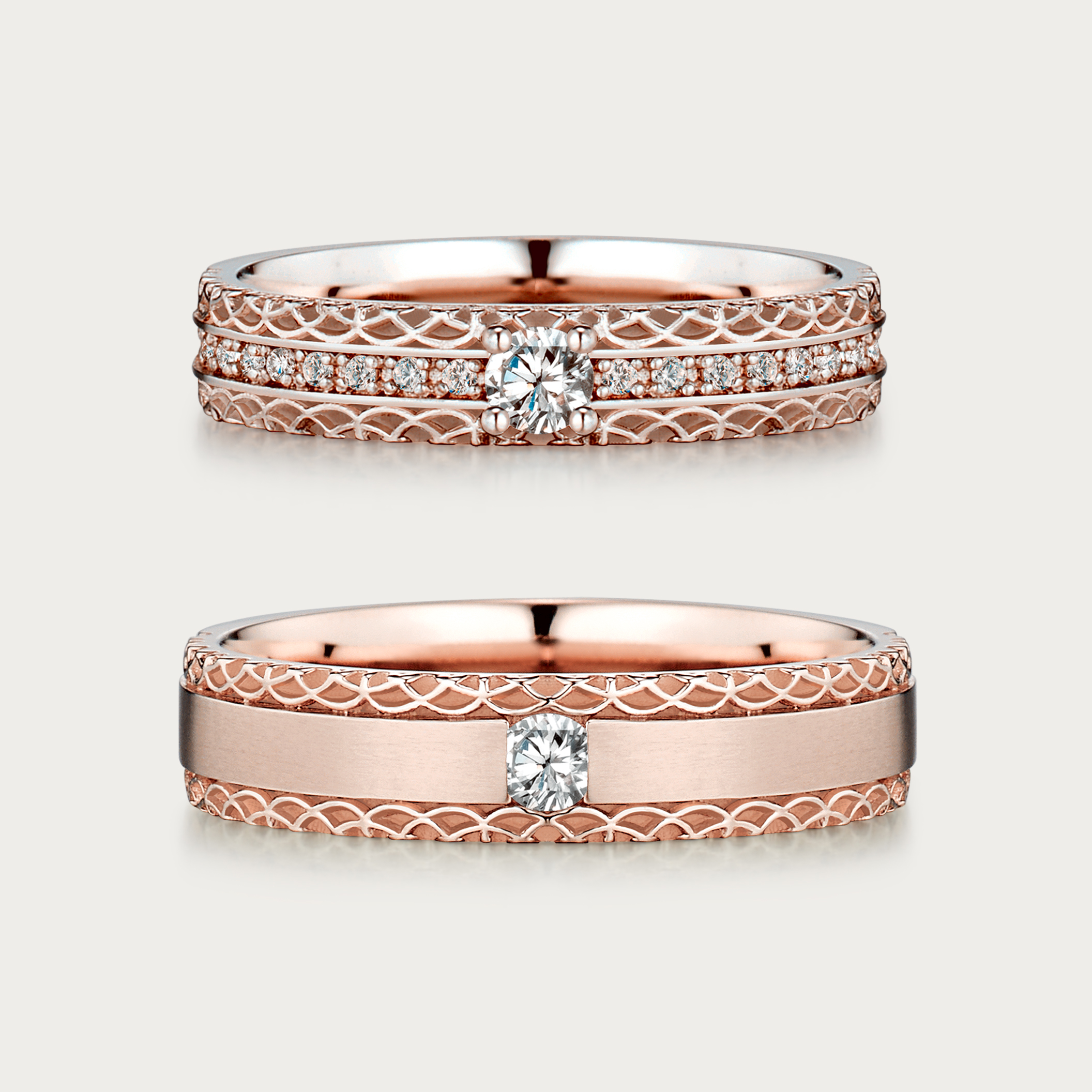 青瓦古典天然鑽石結婚對戒平放展示,採玫瑰金色設計。戒指上下邊緣雕刻著猶如韓屋屋瓦般細膩層疊的波浪紋理 (Scallop Pattern)。上方女戒配以 0.2ct 主鑽與閃爍排鑽;下方男戒中央鑲嵌 0.1ct 鑽石並搭配平滑的拉絲霧面。