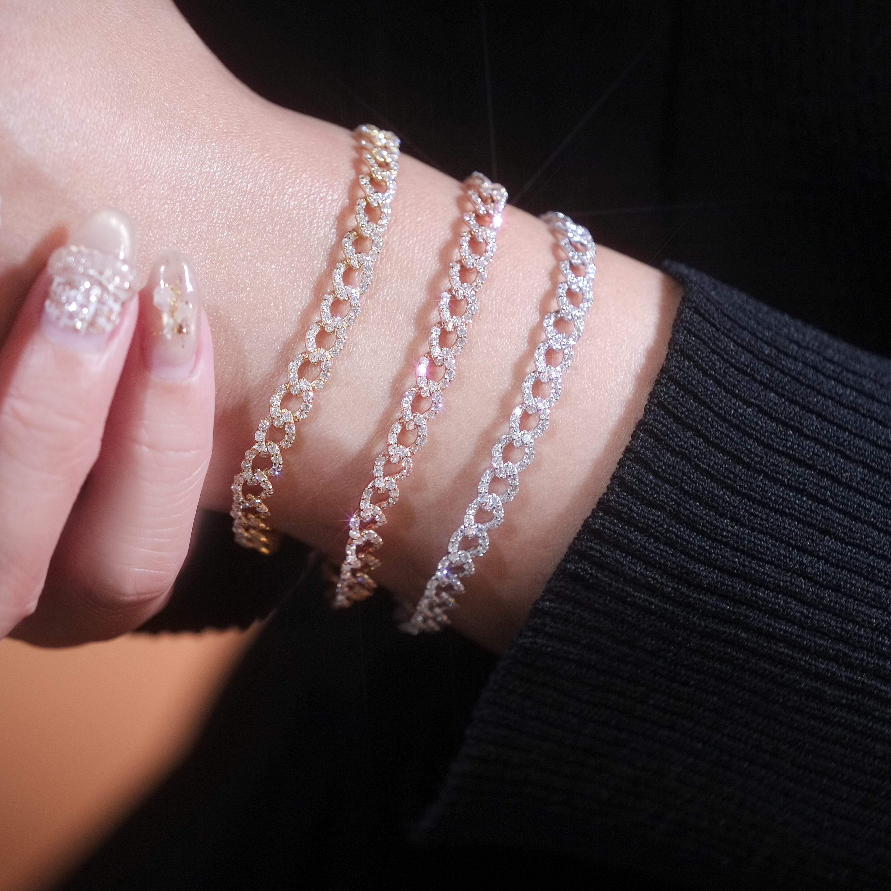 Wrist wearing 2.66ct edgy starburst cuban diamond bracelet.