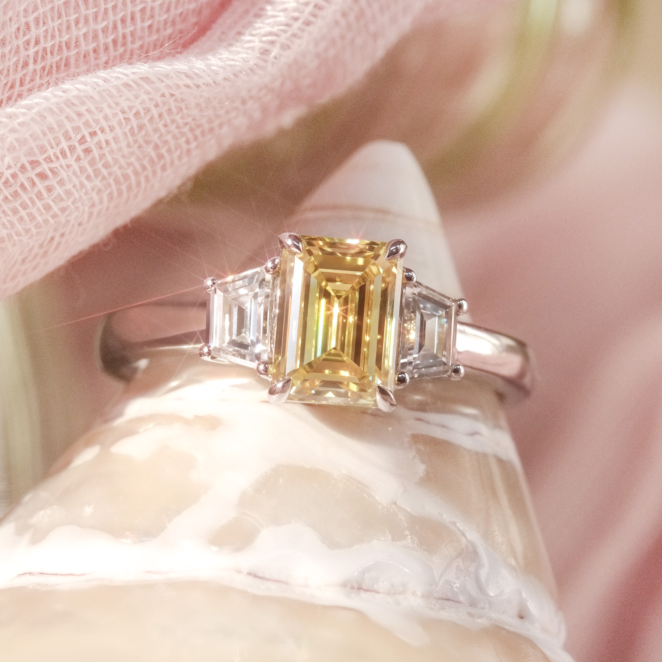 Emerald-cut-lab-grown-yellow-diamond-ring-three-stone-HK