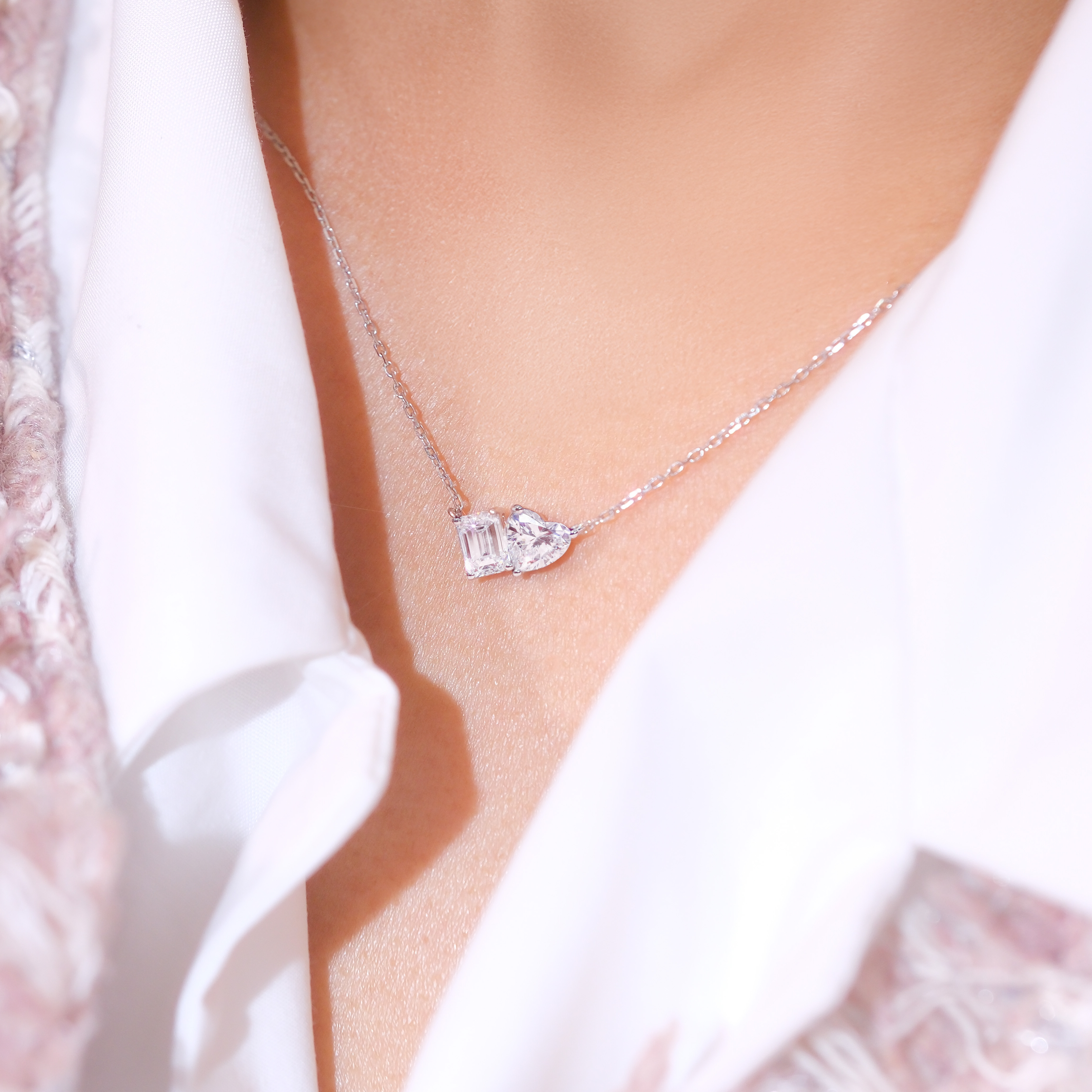 1.04ct Toi et Moi Lab Diamond Necklace(Emerald & Heart Cut) - PT950鉑金