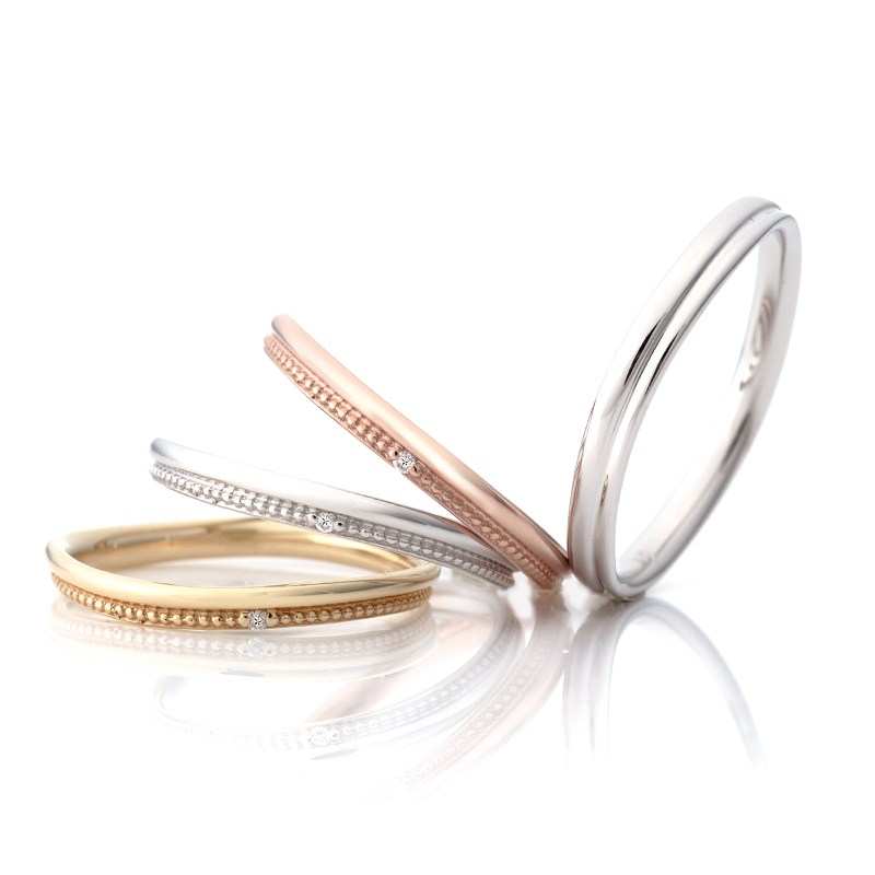 Ankhore Cara 日本珠邊鑽石結婚對戒，展示白金、玫瑰金與黃金款式