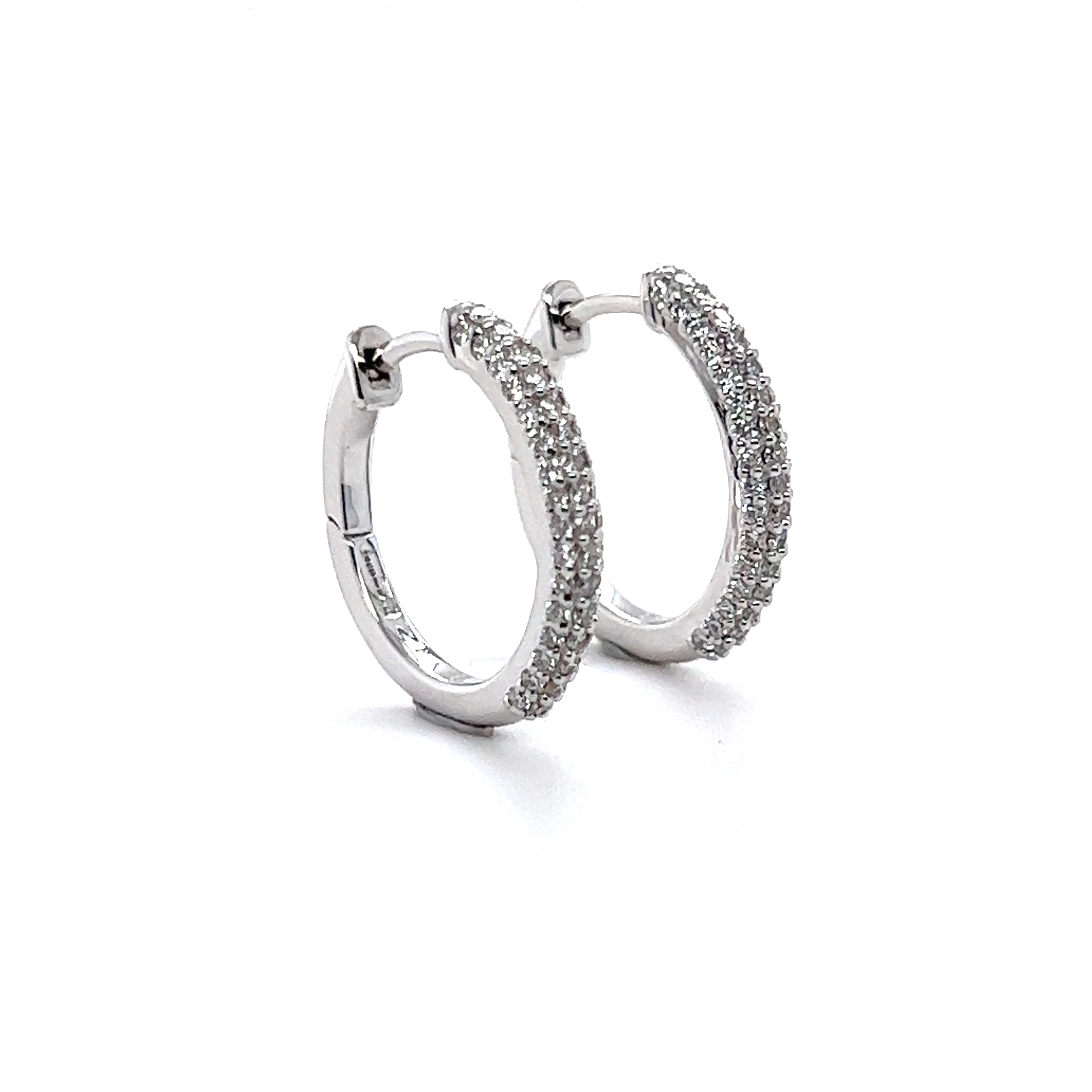 Triple row pave diamond huggie earrings in 18k white gold, 0.32ctw.