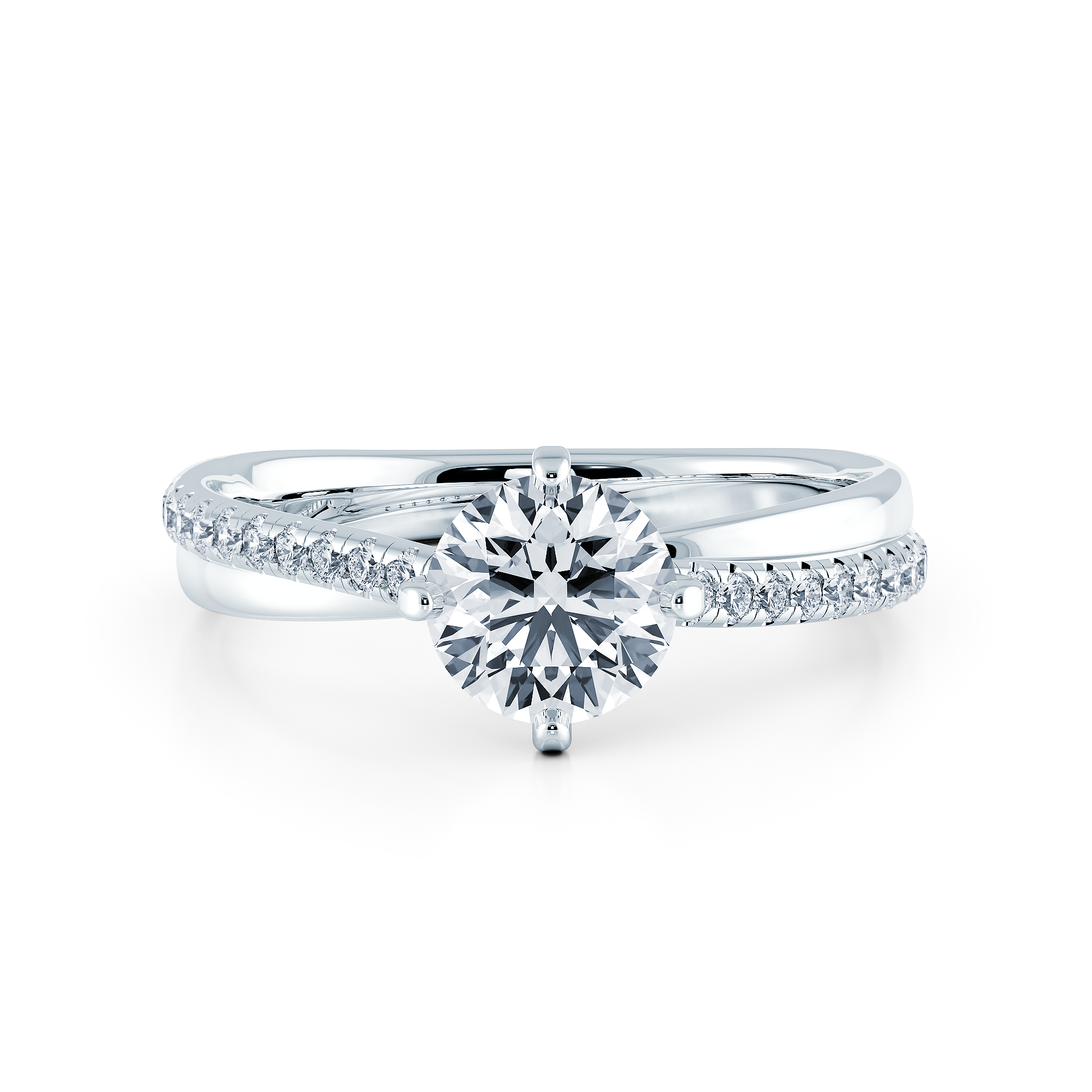 1卡圓形培育鑽石求婚戒指-四爪鑲嵌正面放大圖-18K白金排鑽設計