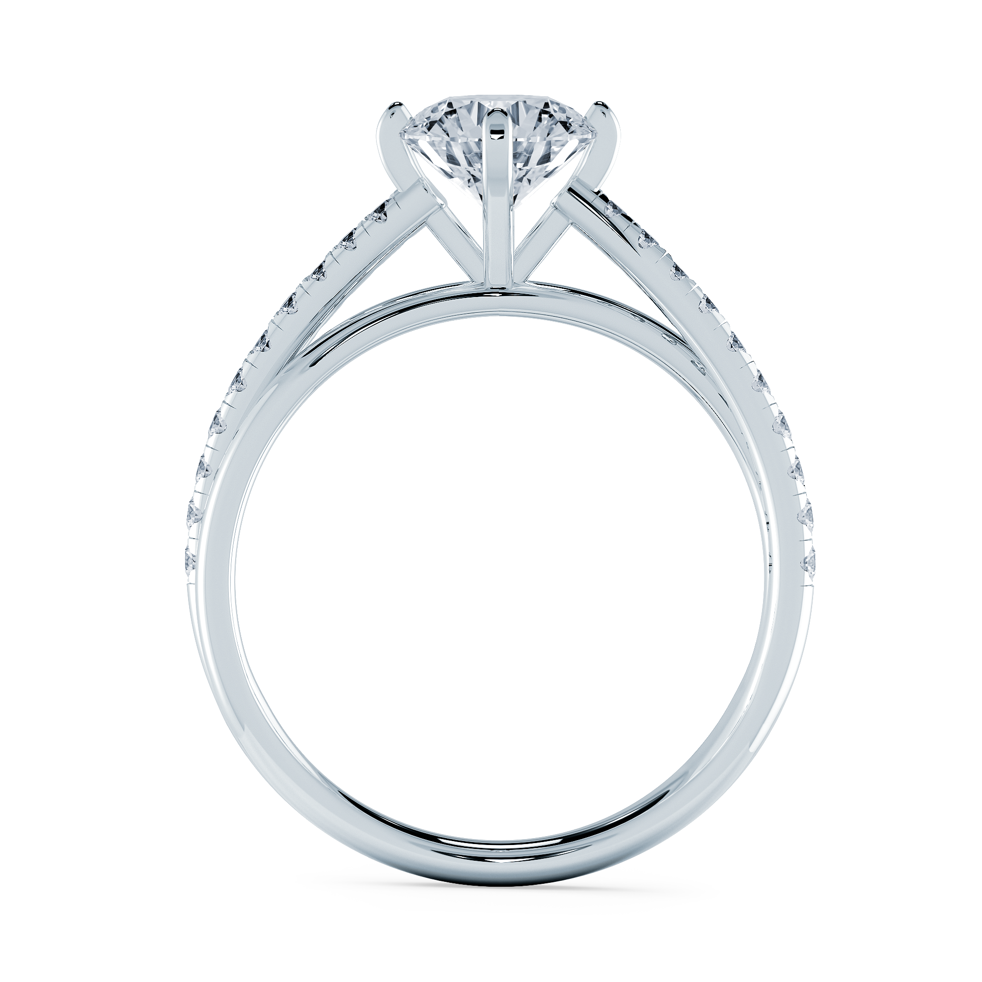 培育鑽石戒指側面細節-教堂式鑲嵌(Cathedral Setting)與密釘鑲排鑽戒臂