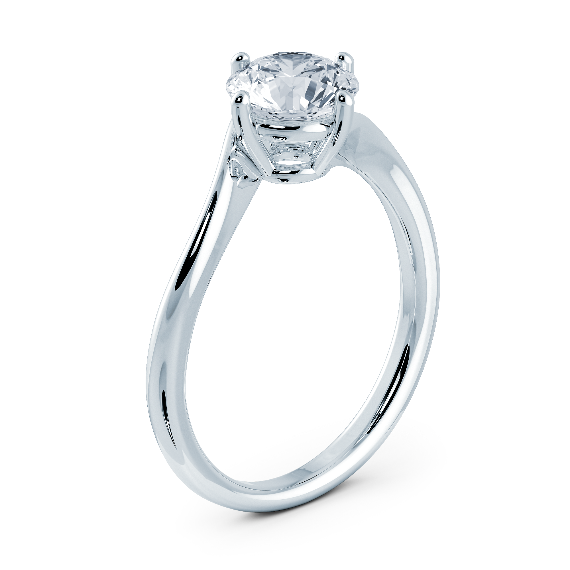 18K白金扭臂培育鑽石戒指45度展示-四爪鑲嵌圓形鑽石