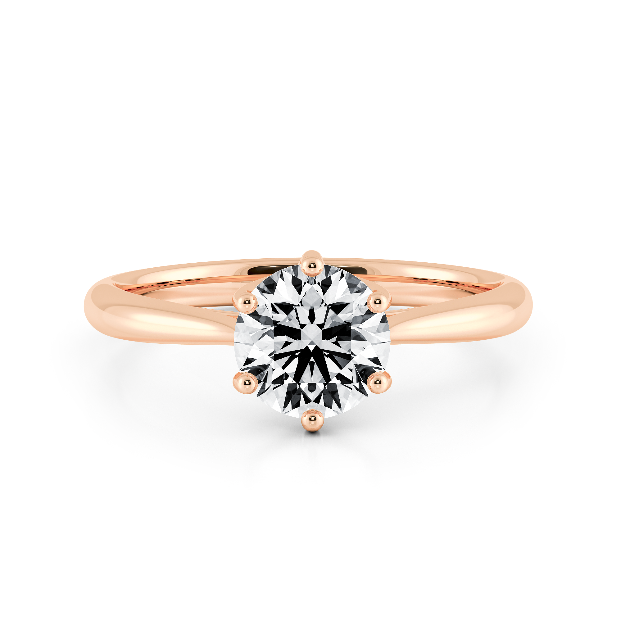 18K玫瑰金 Tanpopo 蒲公英鑽戒俯視圖，經典六爪承托圓形明亮式切割鑽石。