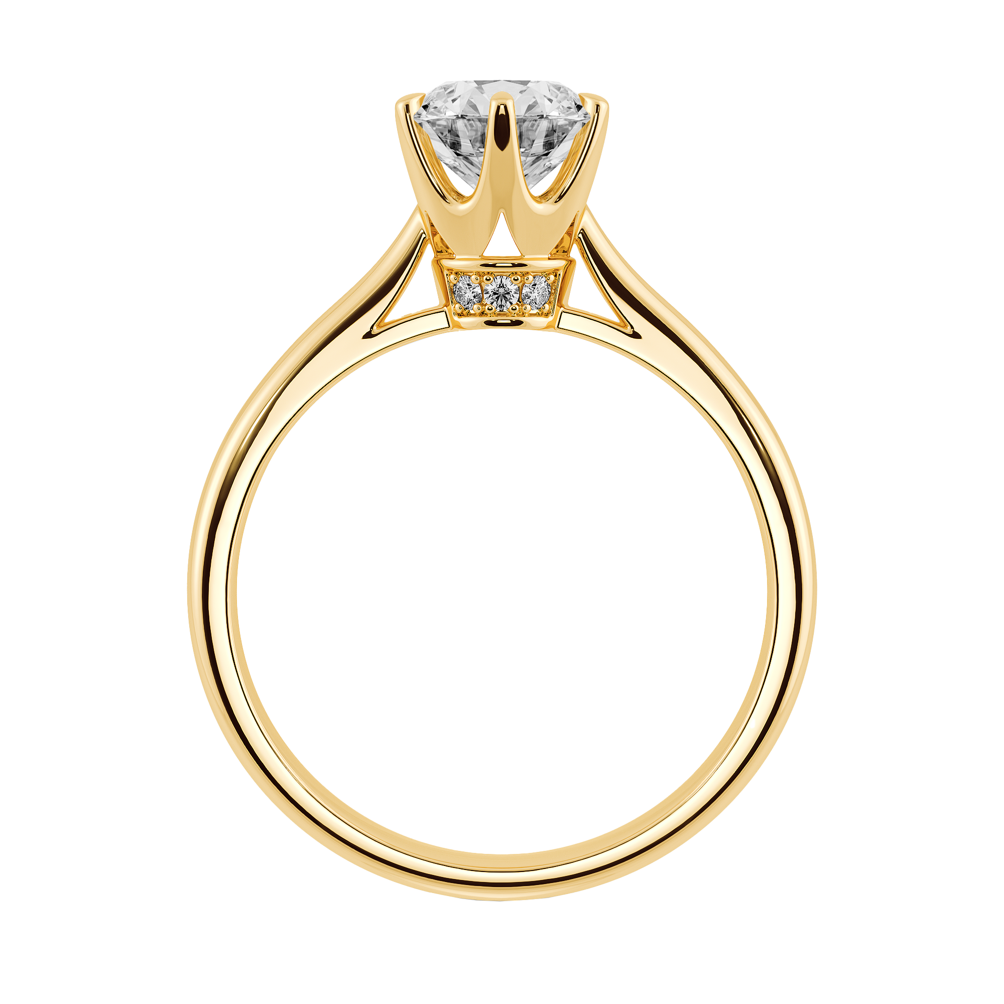 Sakura 櫻系列 18K 黃金六爪鑽石戒指，皇冠形底托設計。